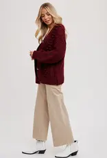 Cable Knit Sweater Cardigan, Burgundy