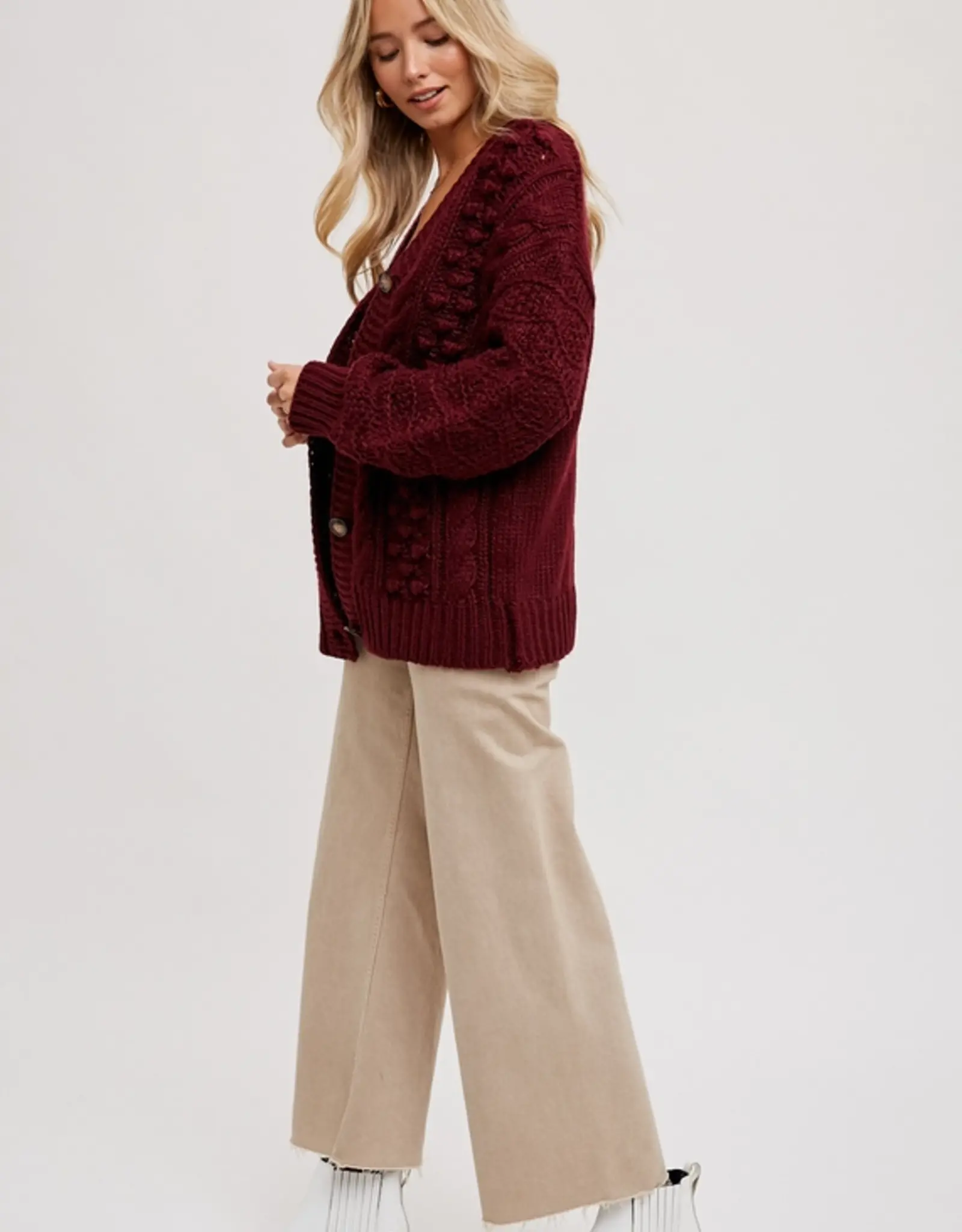 Cable Knit Sweater Cardigan, Burgundy
