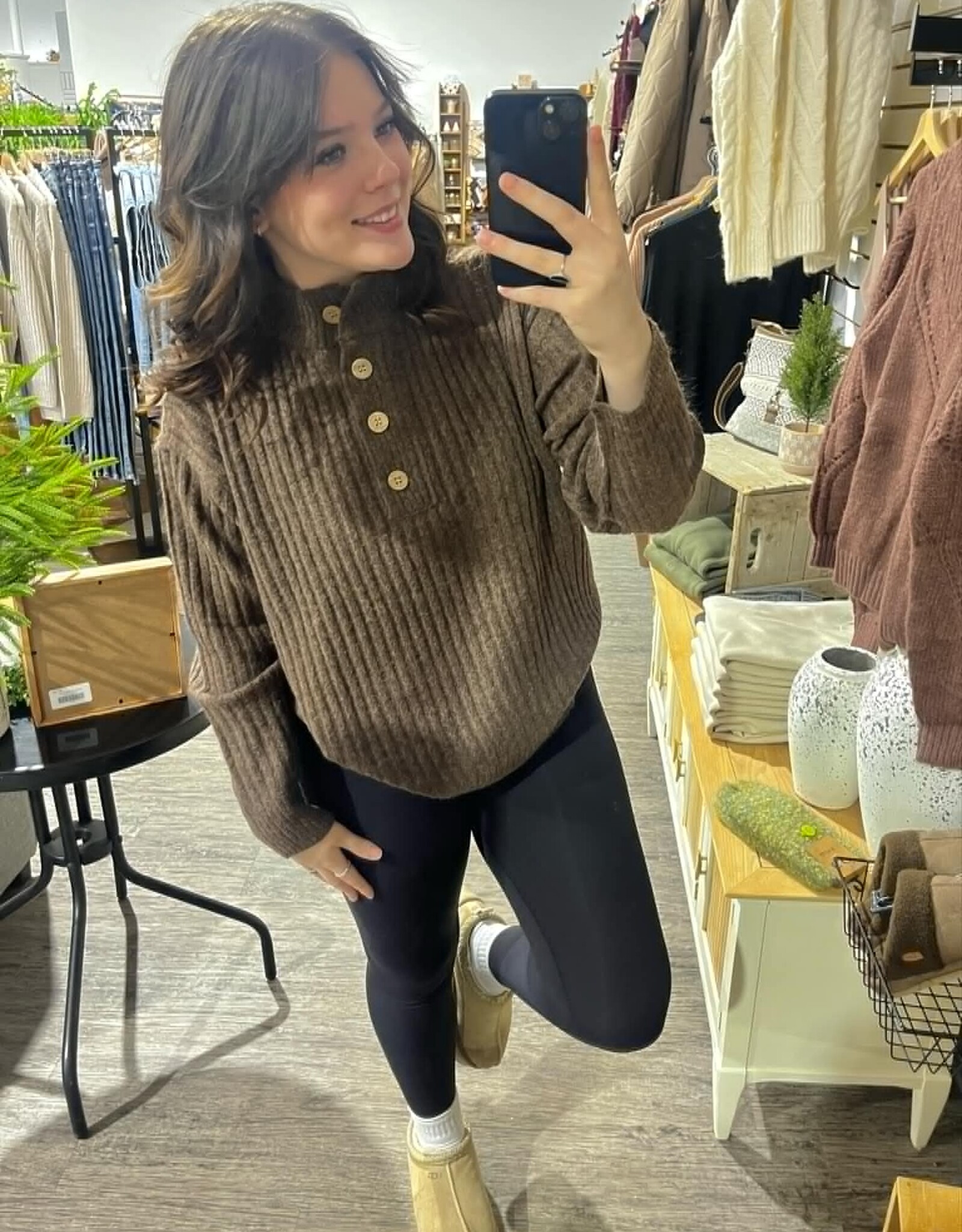 Henley Neck Button Knit Sweater, Mocha