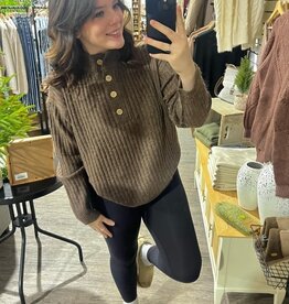 Henley Neck Button Knit Sweater, Mocha