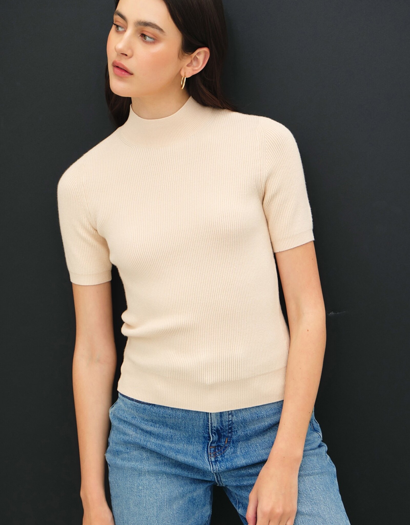 The Ribbed Short Sleeve Sweater, Vanilla