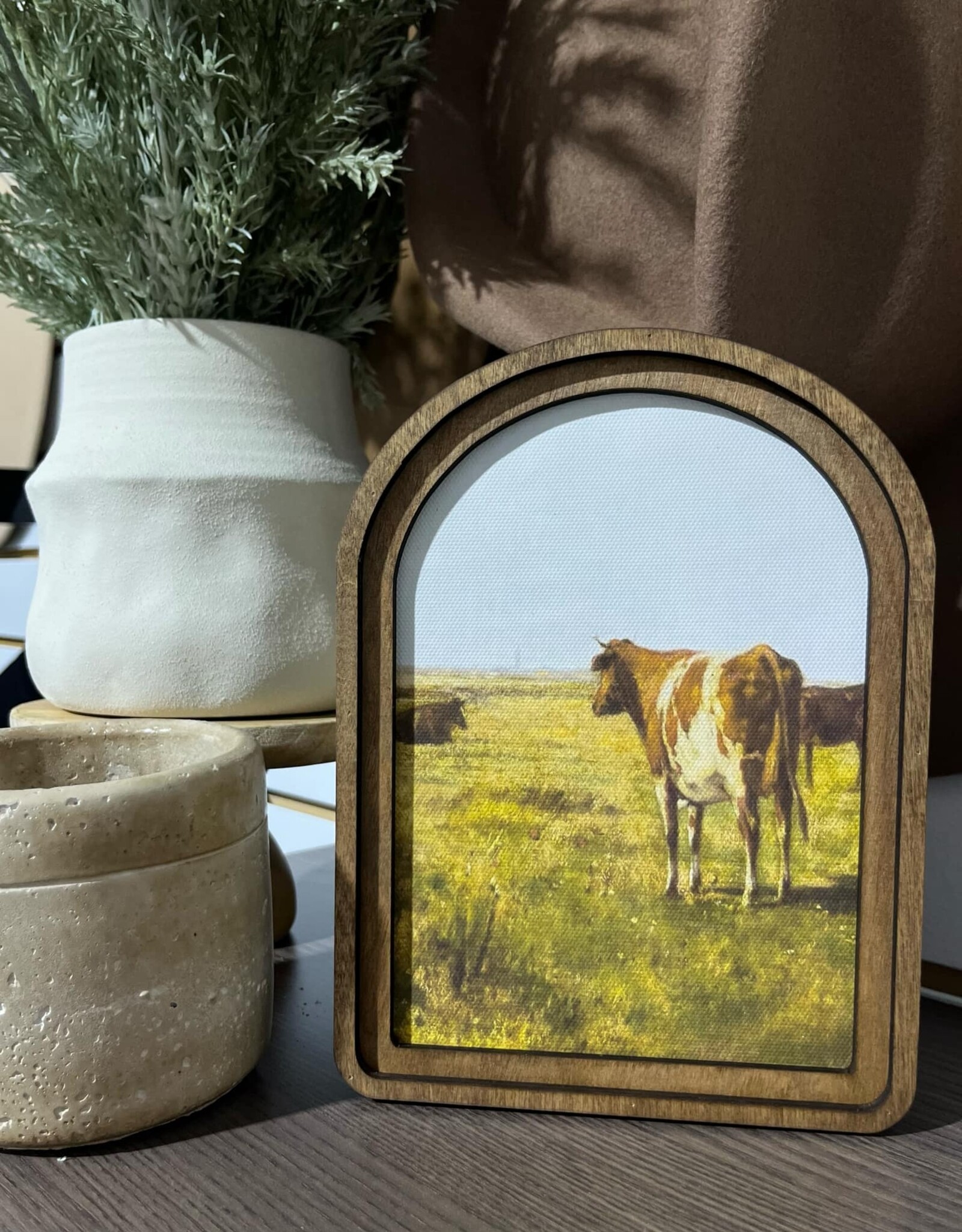 Redeemed Decor Arch Top Framed Art, Vintage Cows