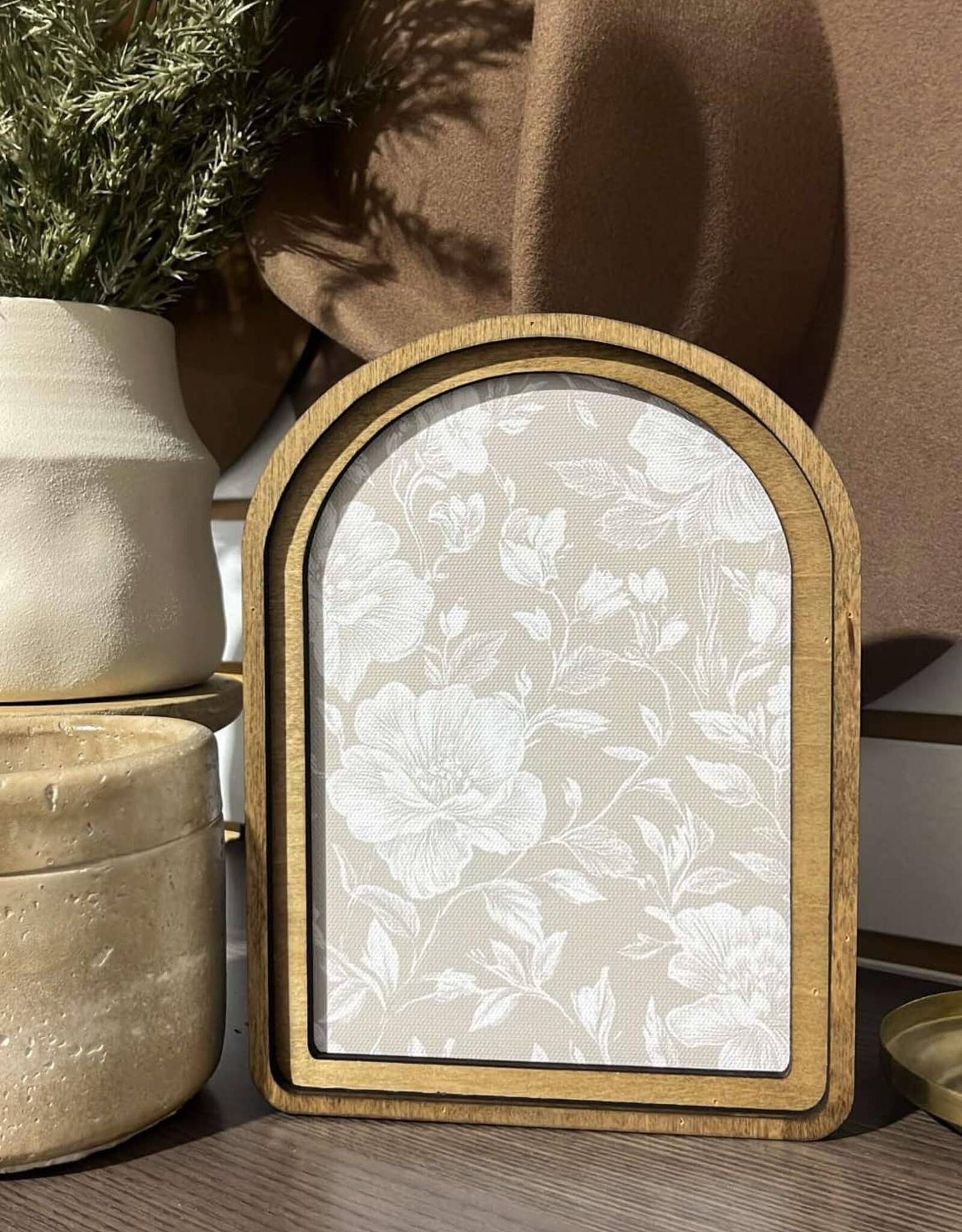 Redeemed Decor Arch Top Framed Art, Taupe White Floral
