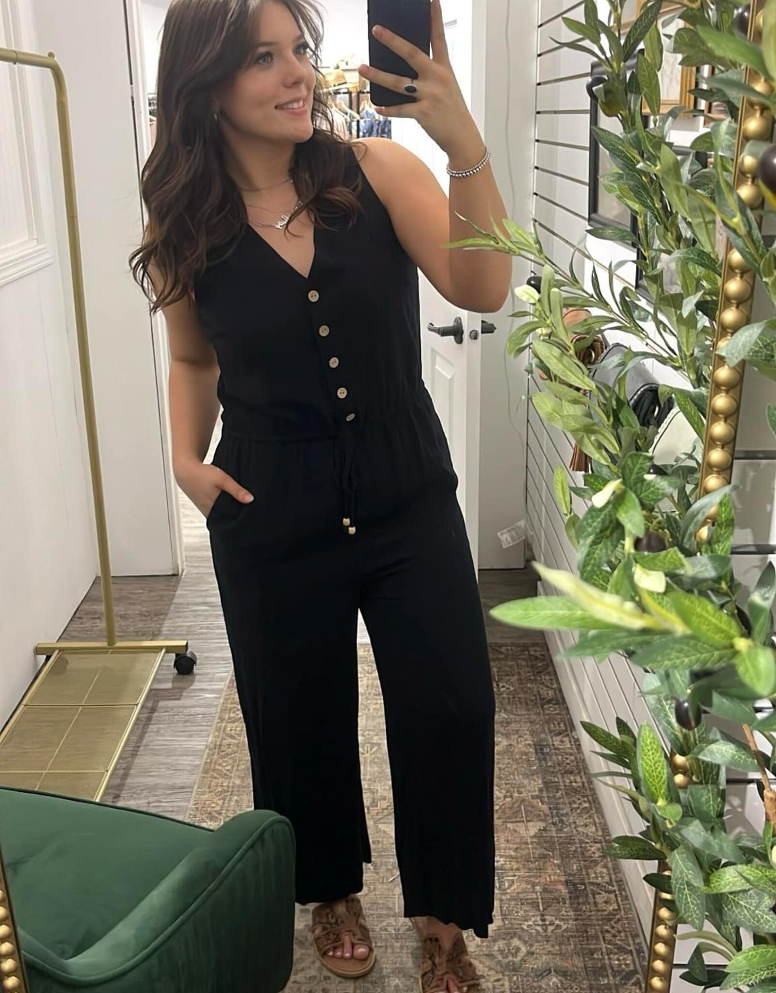 Button Up V-Neck Jumpsuit