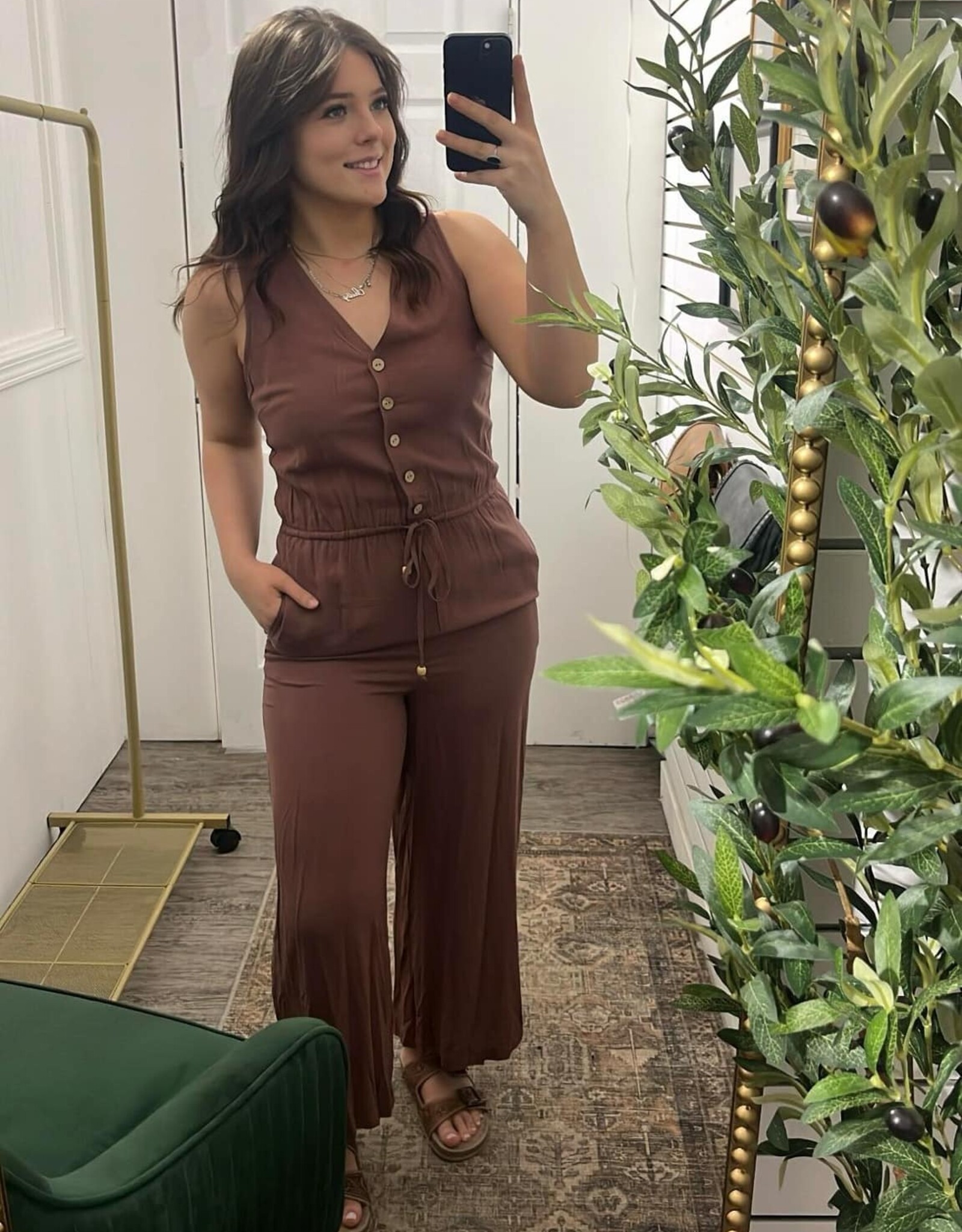 Button Up V-Neck Jumpsuit