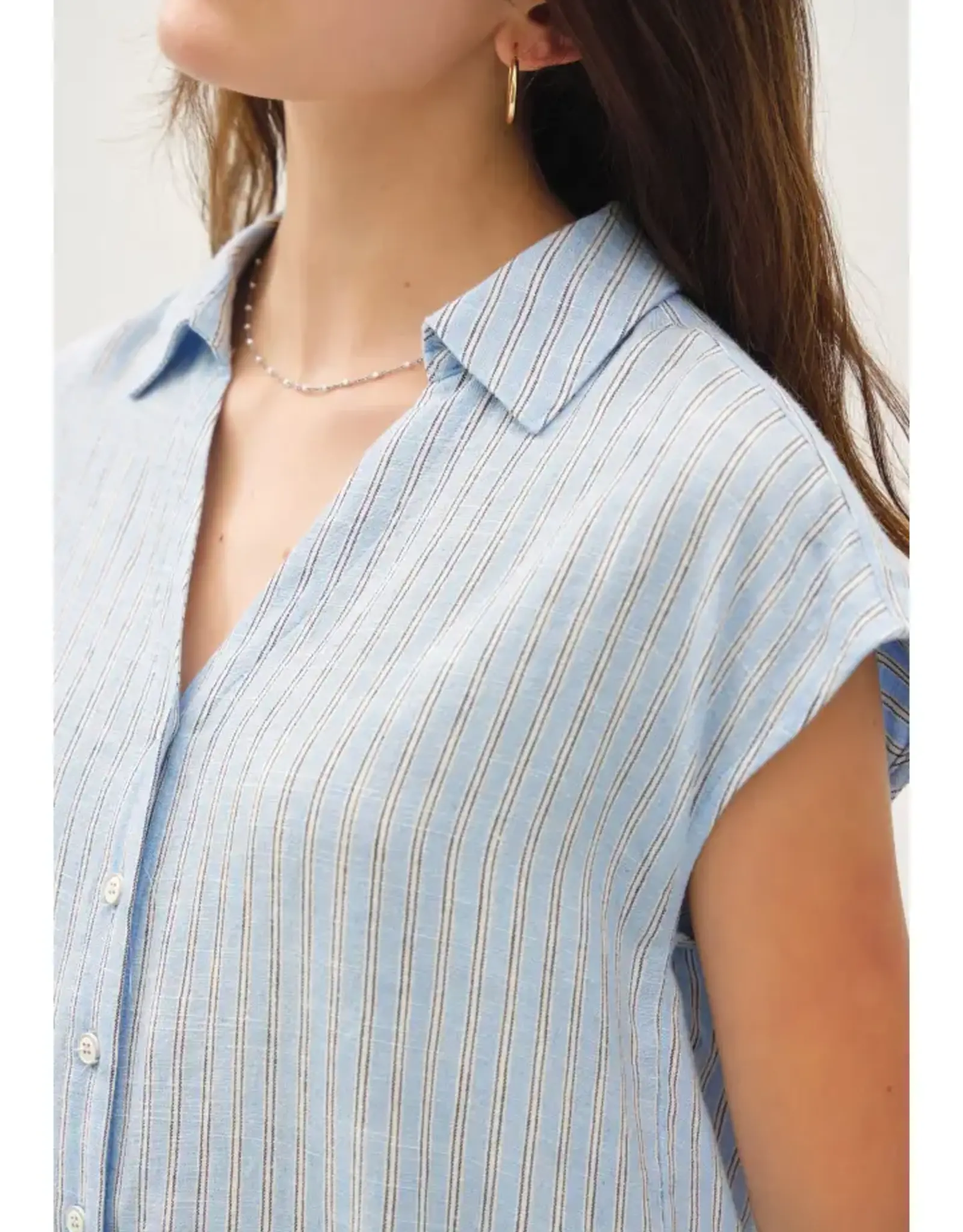 Linen Blend Striped V-Neck Button Up Top