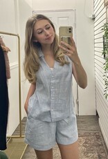Linen Blend Striped V-Neck Button Up Top