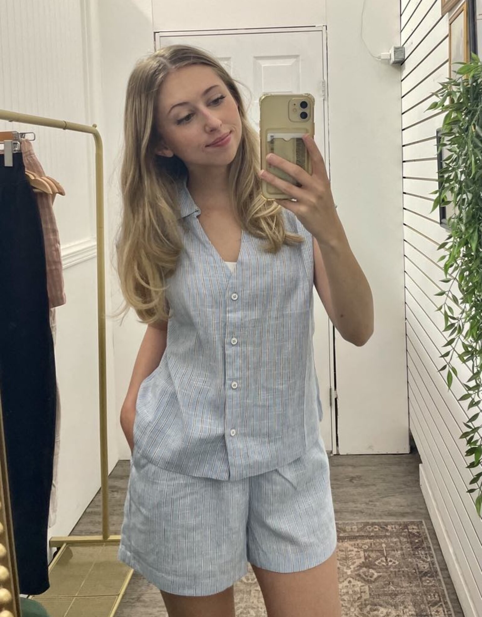 Linen Blend Striped V-Neck Button Up Top