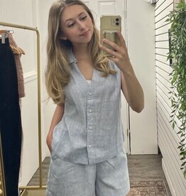Linen Blend Striped V-Neck Button Up Top