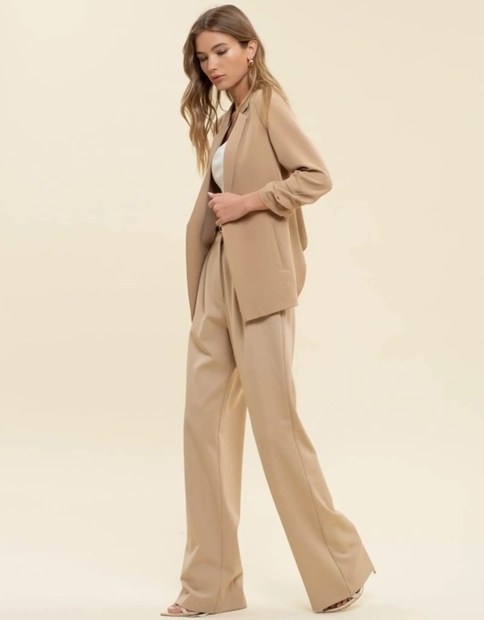 The Workshop Studio 3/4 Ruched Sleeve Blazer, Khaki