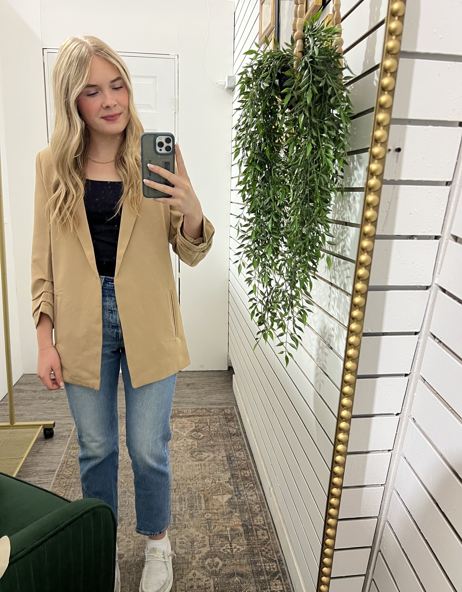 The Workshop Studio 3/4 Ruched Sleeve Blazer, Khaki
