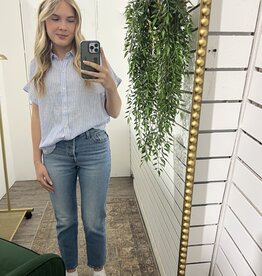 Linen Blended Shoulder Shirring Stripe Top