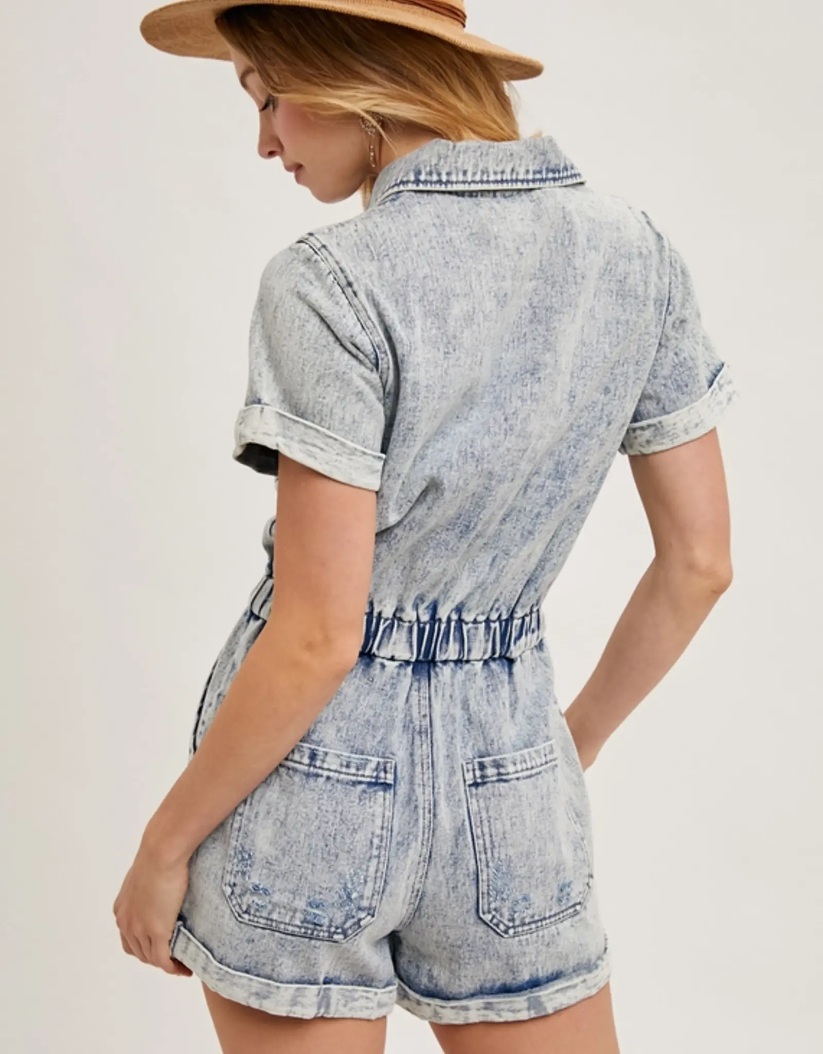 Washed Denim Short Sleeved Romper