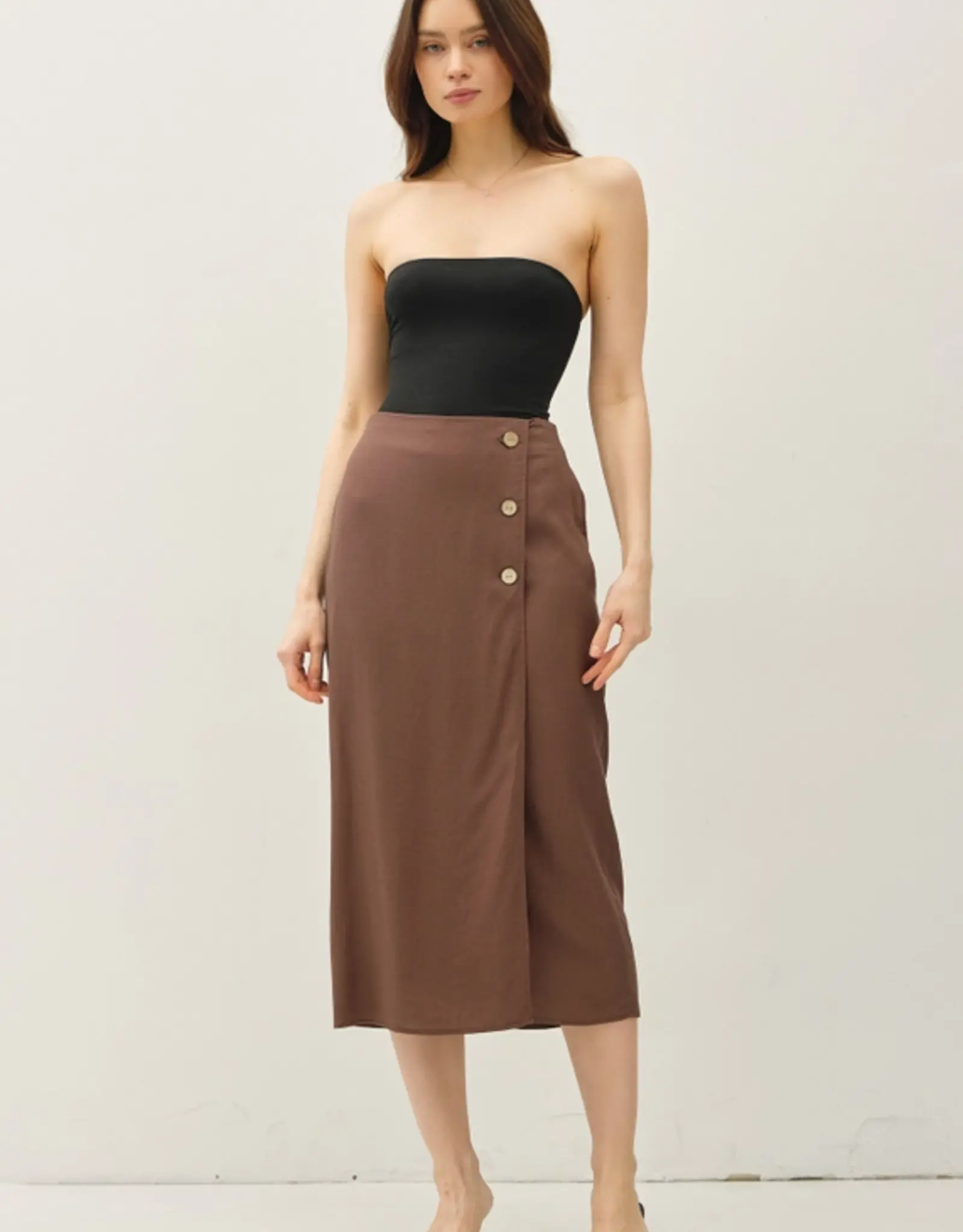 Linen Blend Midi Wrap Skirt, Brown