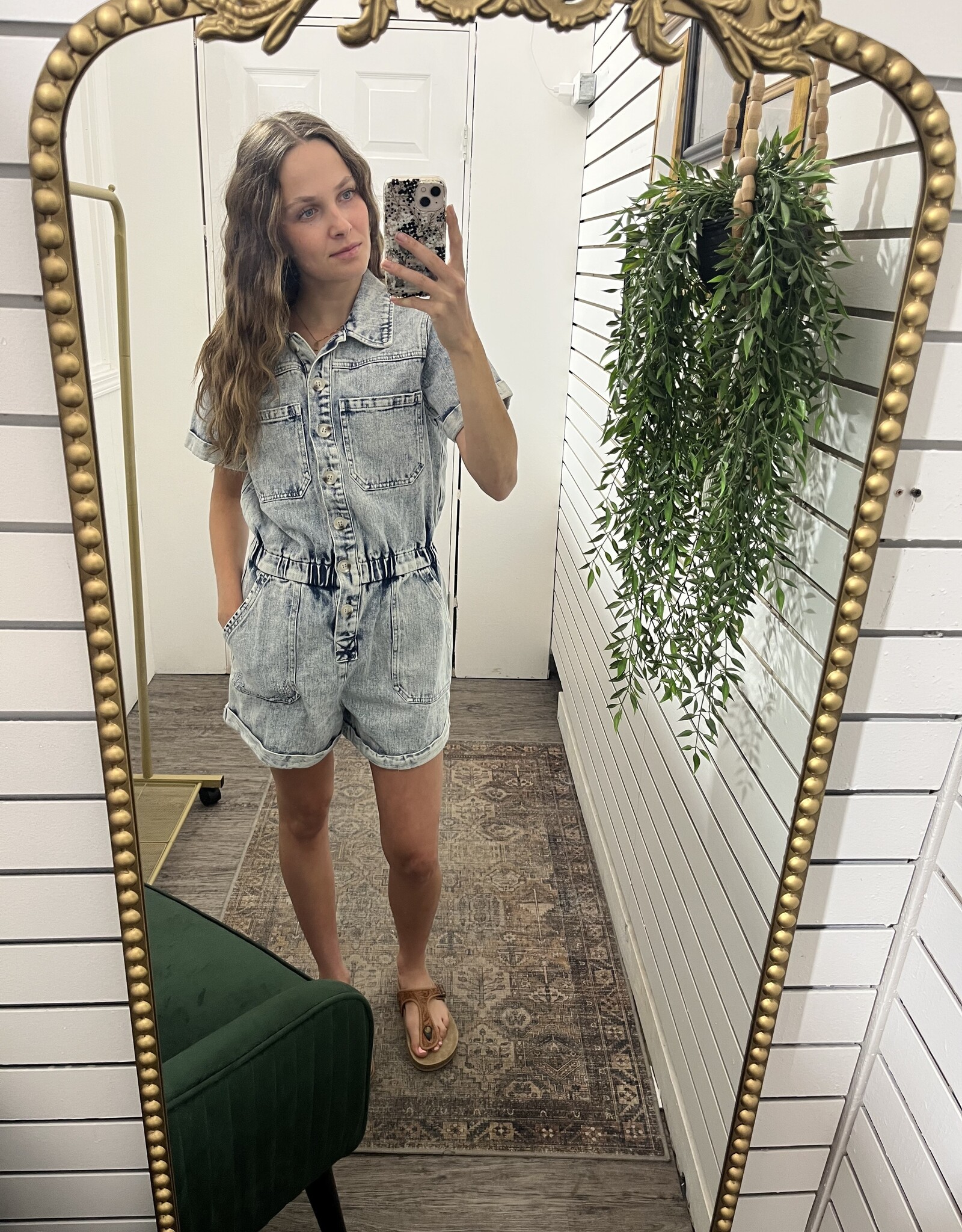 Washed Denim Short Sleeved Romper