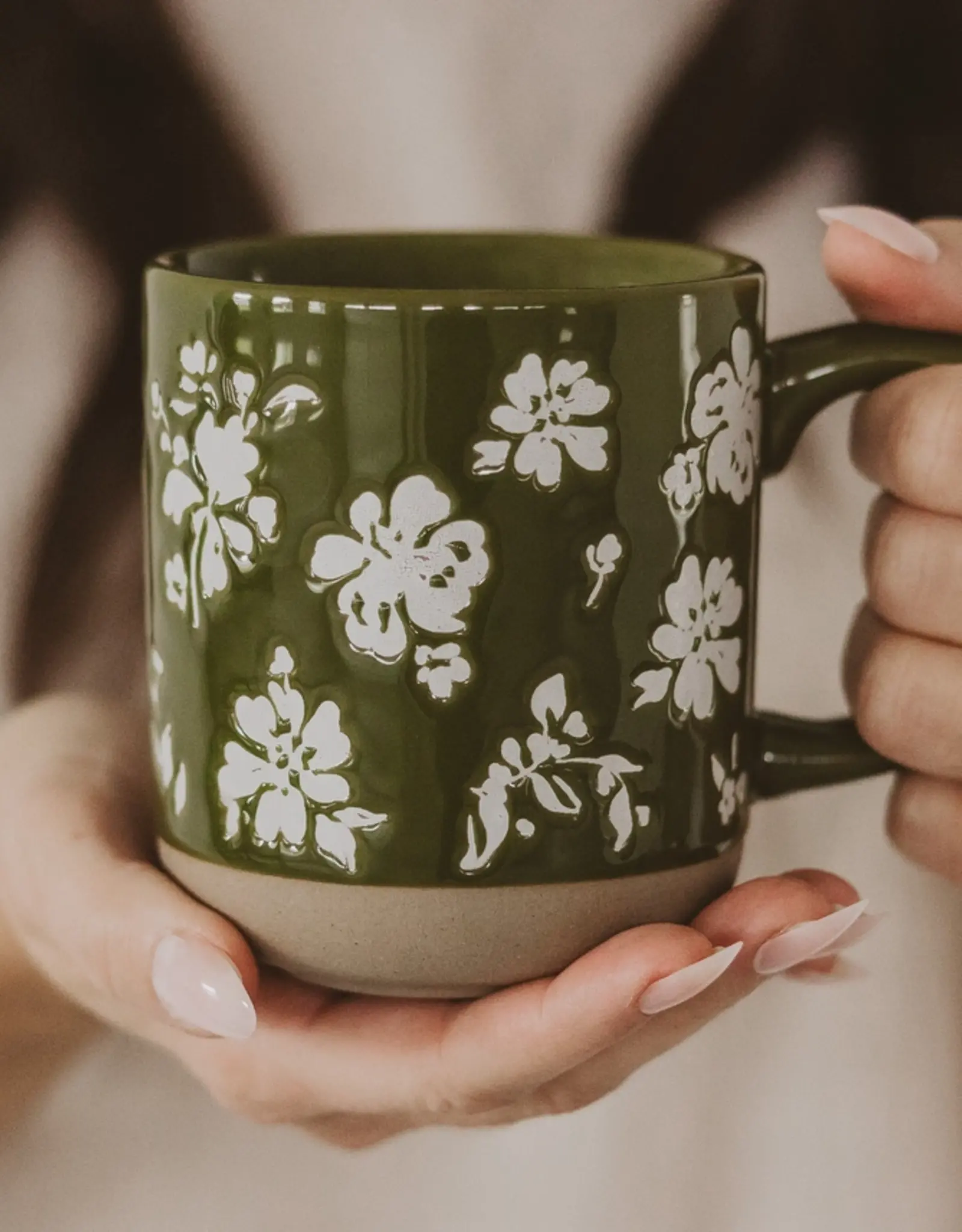 Sweet Water Decor Green Floral Stoneware Mug