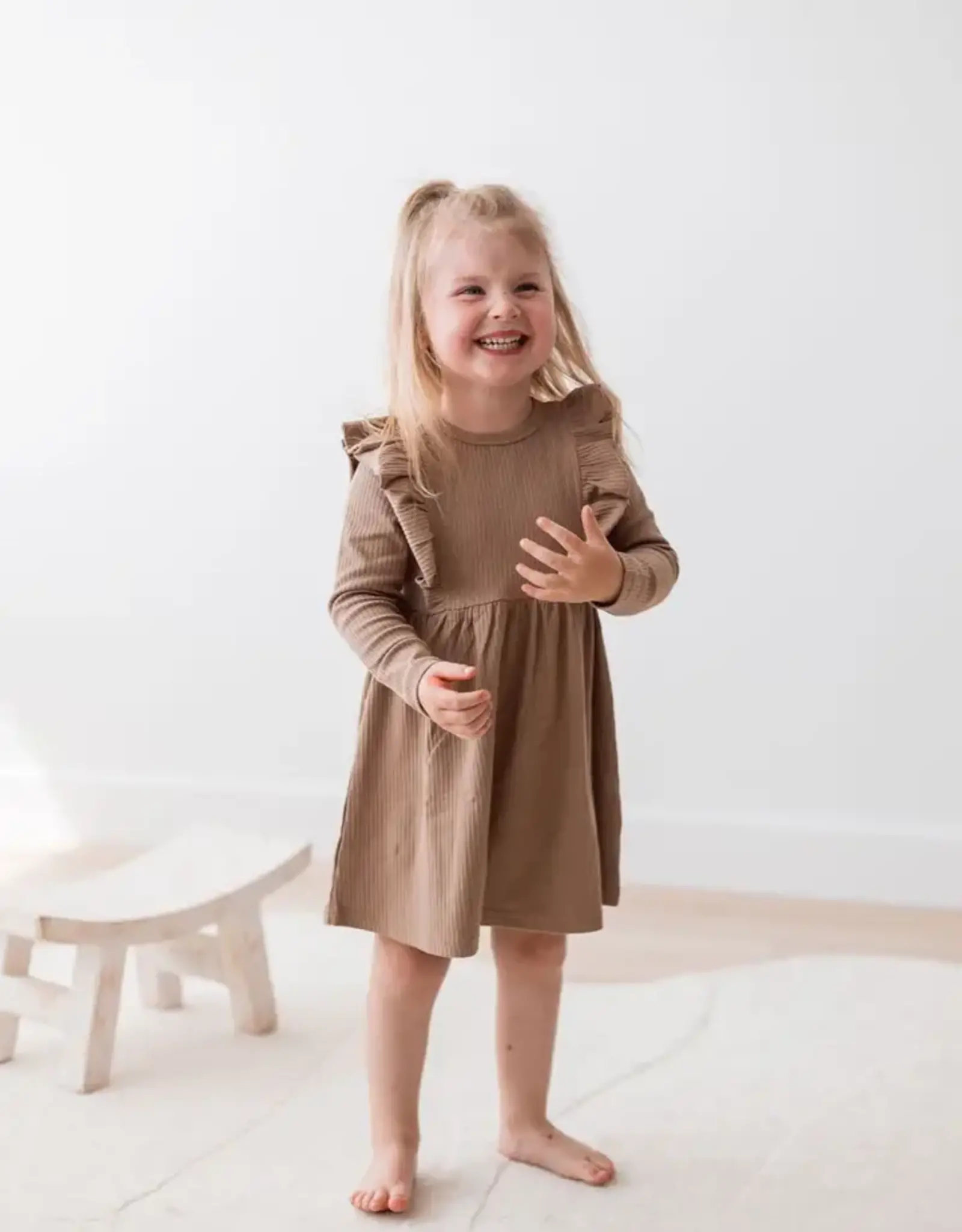 Mila & Co Ribbed Flutter Dress, Cappuccino