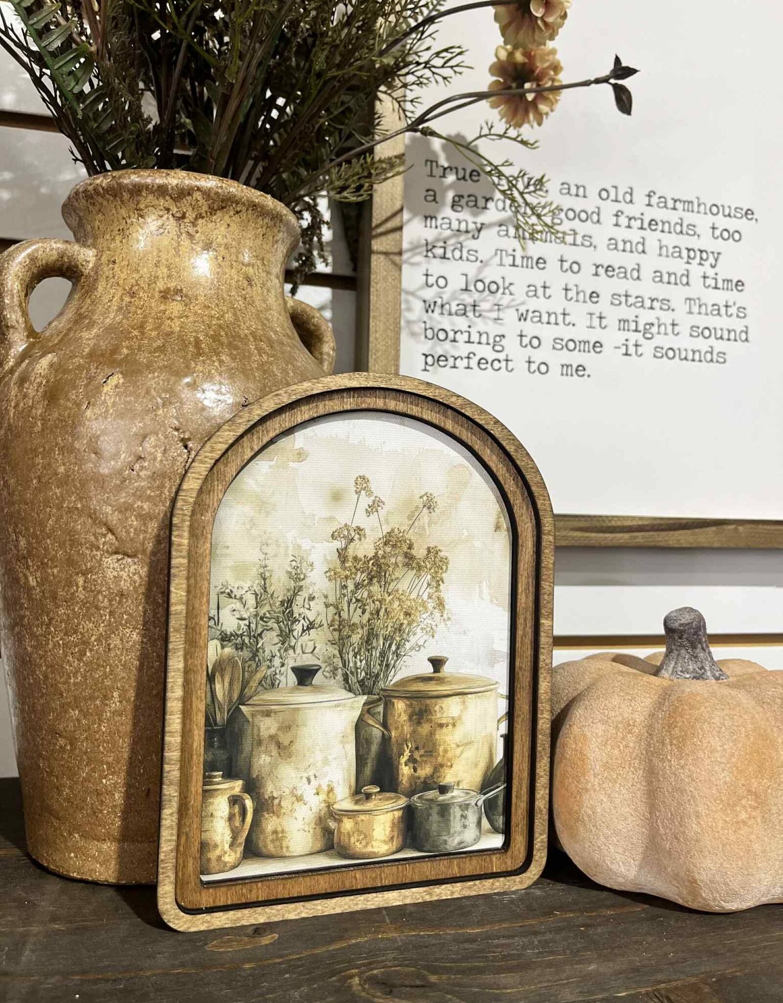 Redeemed Decor Arch Top Framed Art, Copper Pots