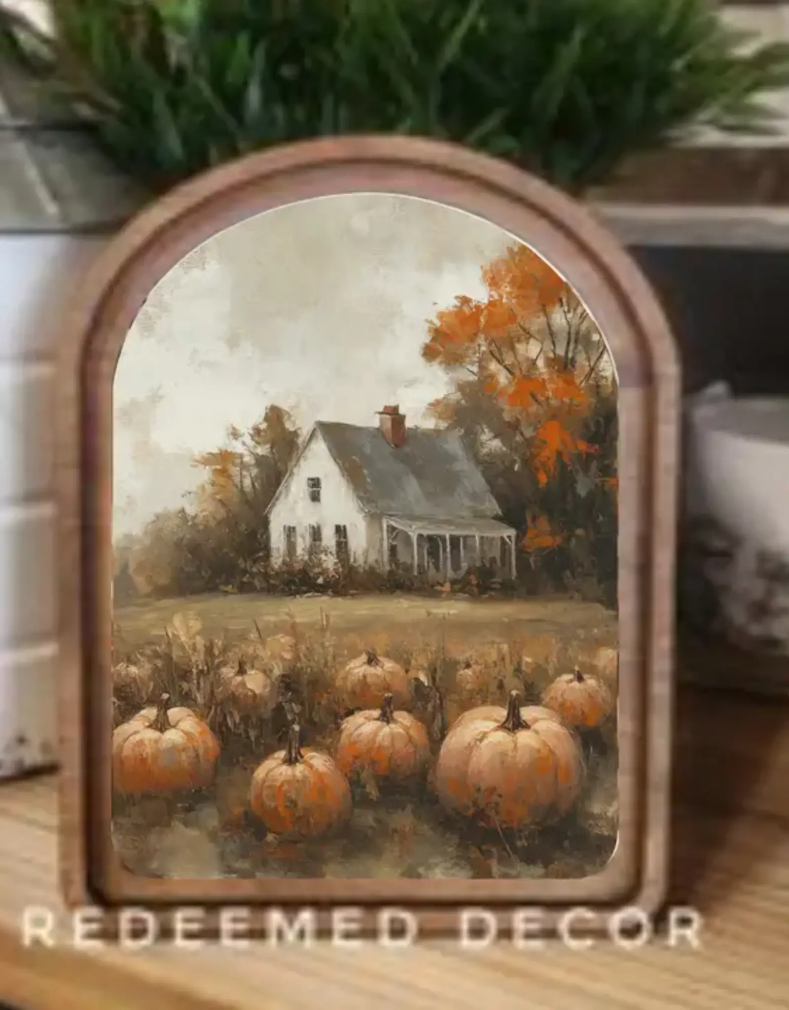 Redeemed Decor Arch Top Framed Art, Pumpkin Farmhouse