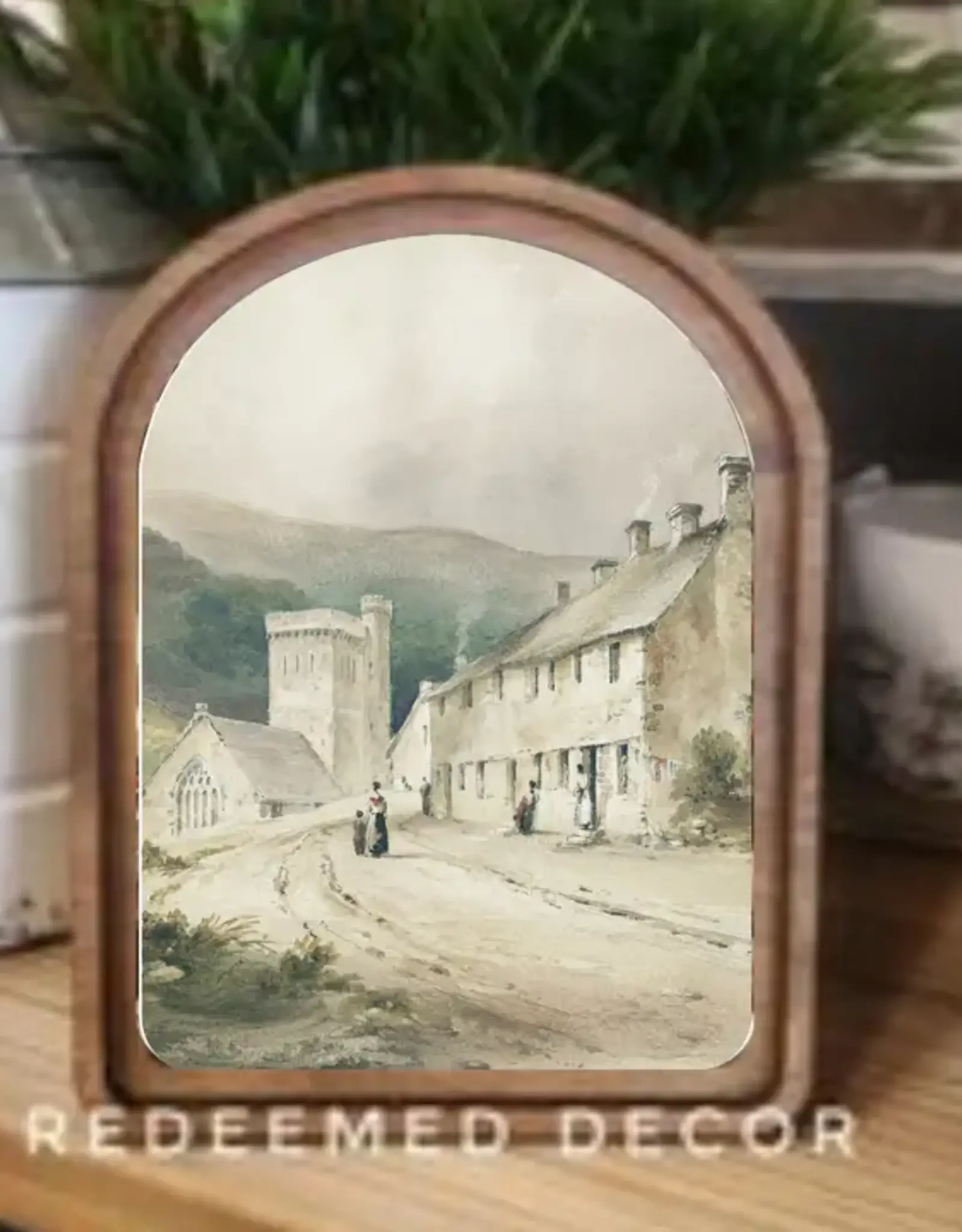 Redeemed Decor Arch Top Framed Art, Village Church