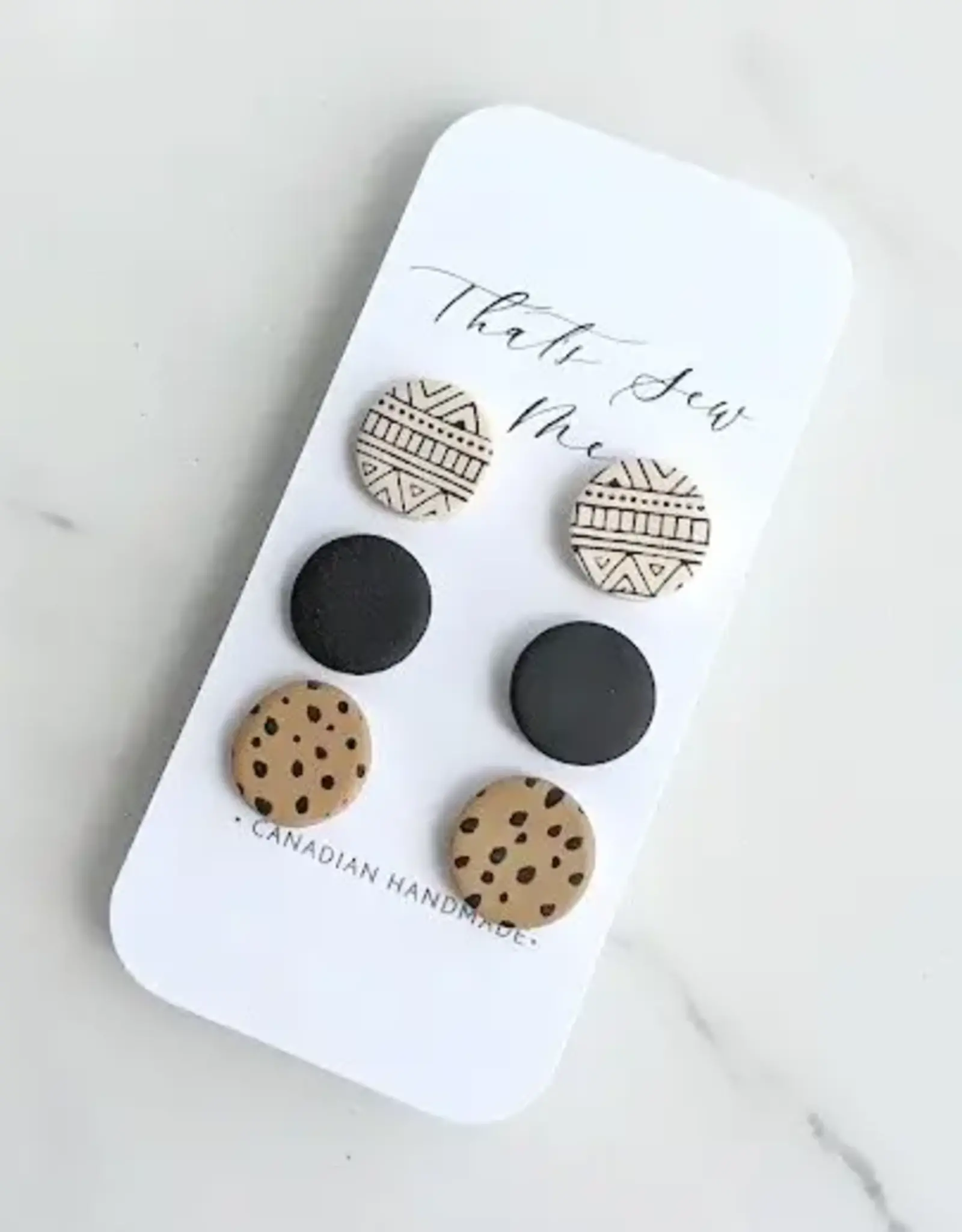 That's Sew Me Geometric Print Stud Earrings Trio Pack, Clay
