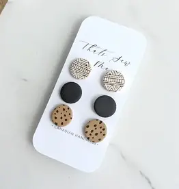 That's Sew Me Geometric Print Stud Earrings Trio Pack, Clay