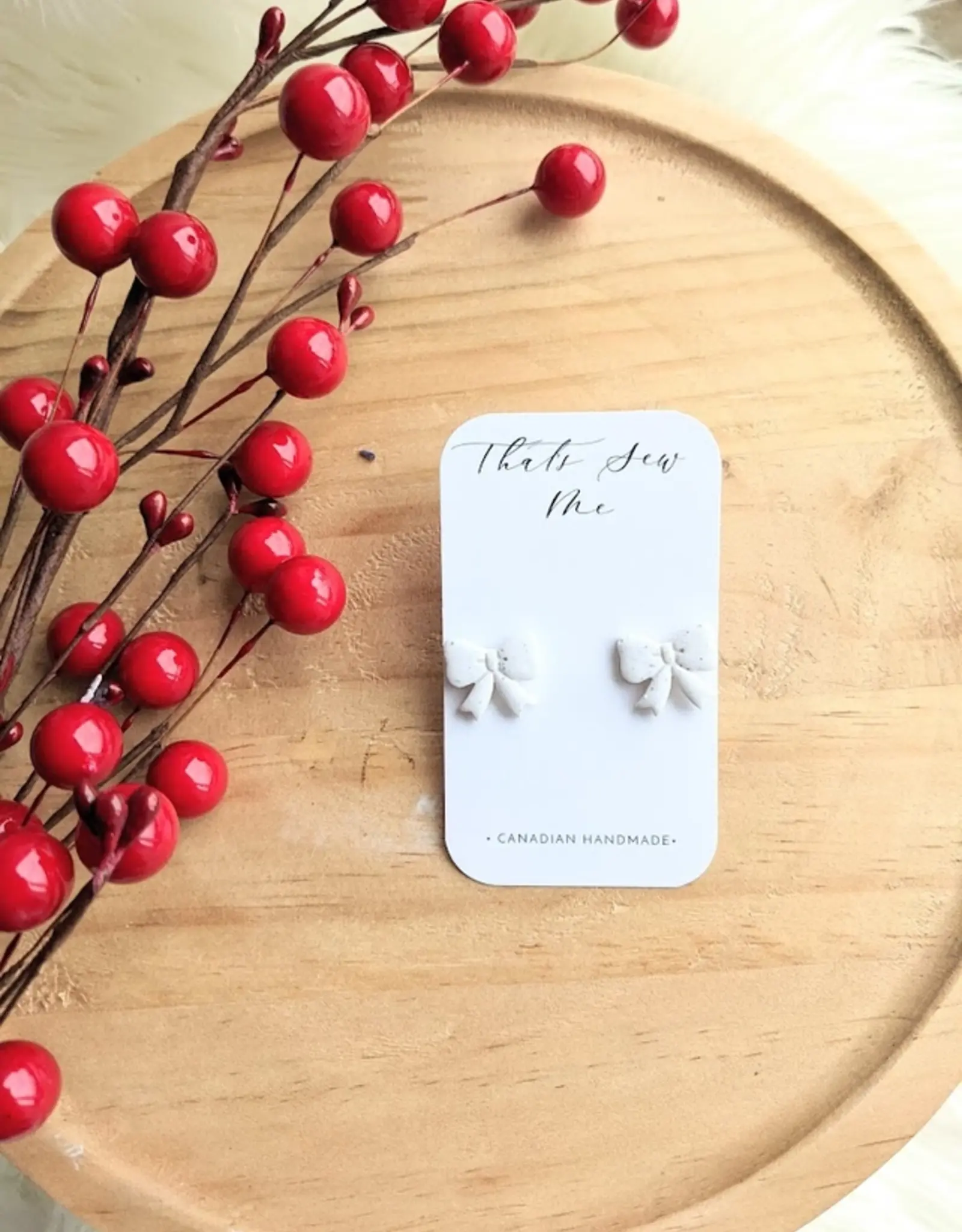 That's Sew Me Bow Clay Stud Earrings, Speckled White