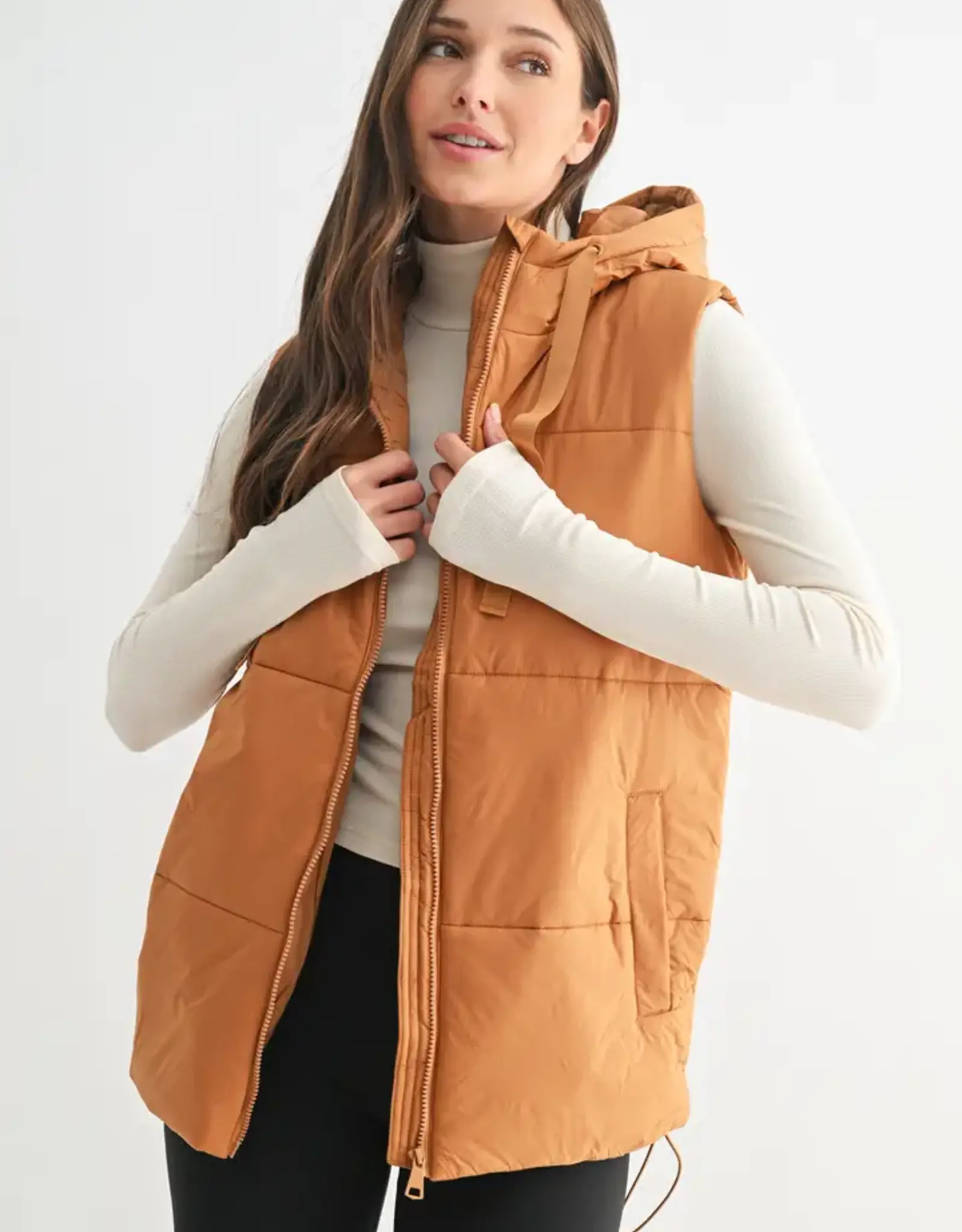 Mono B Longline High Neck Puffer Vest, Camel