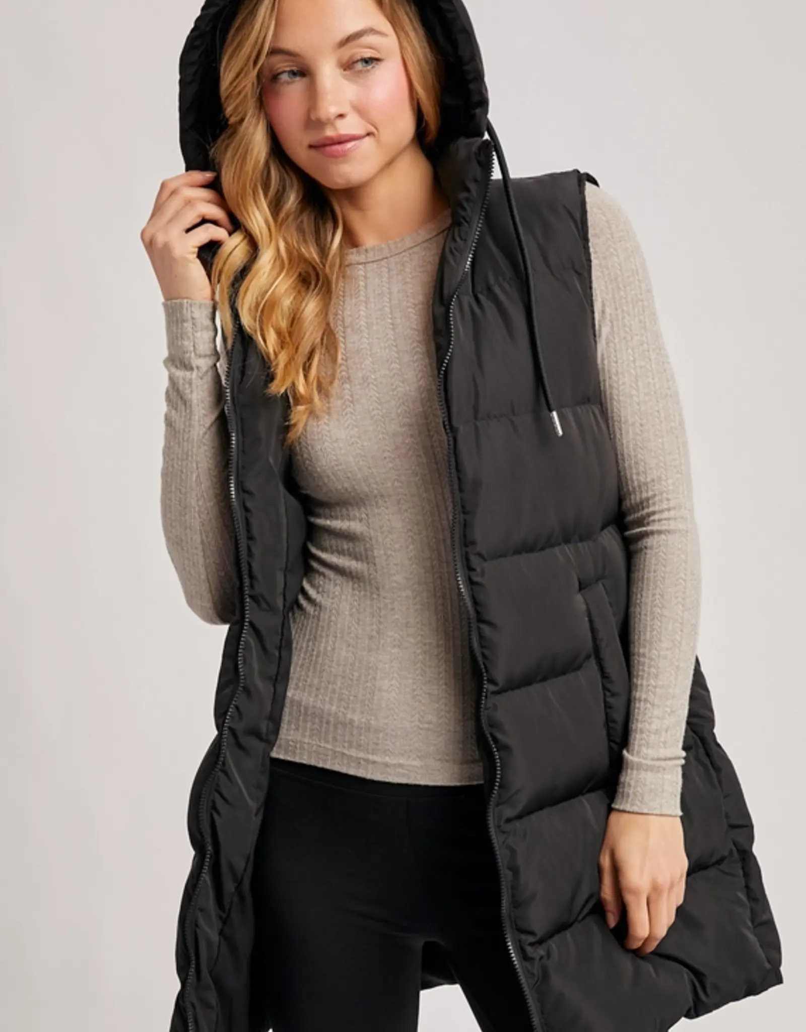 Hooded Zipper Down Longline Puffer Vest