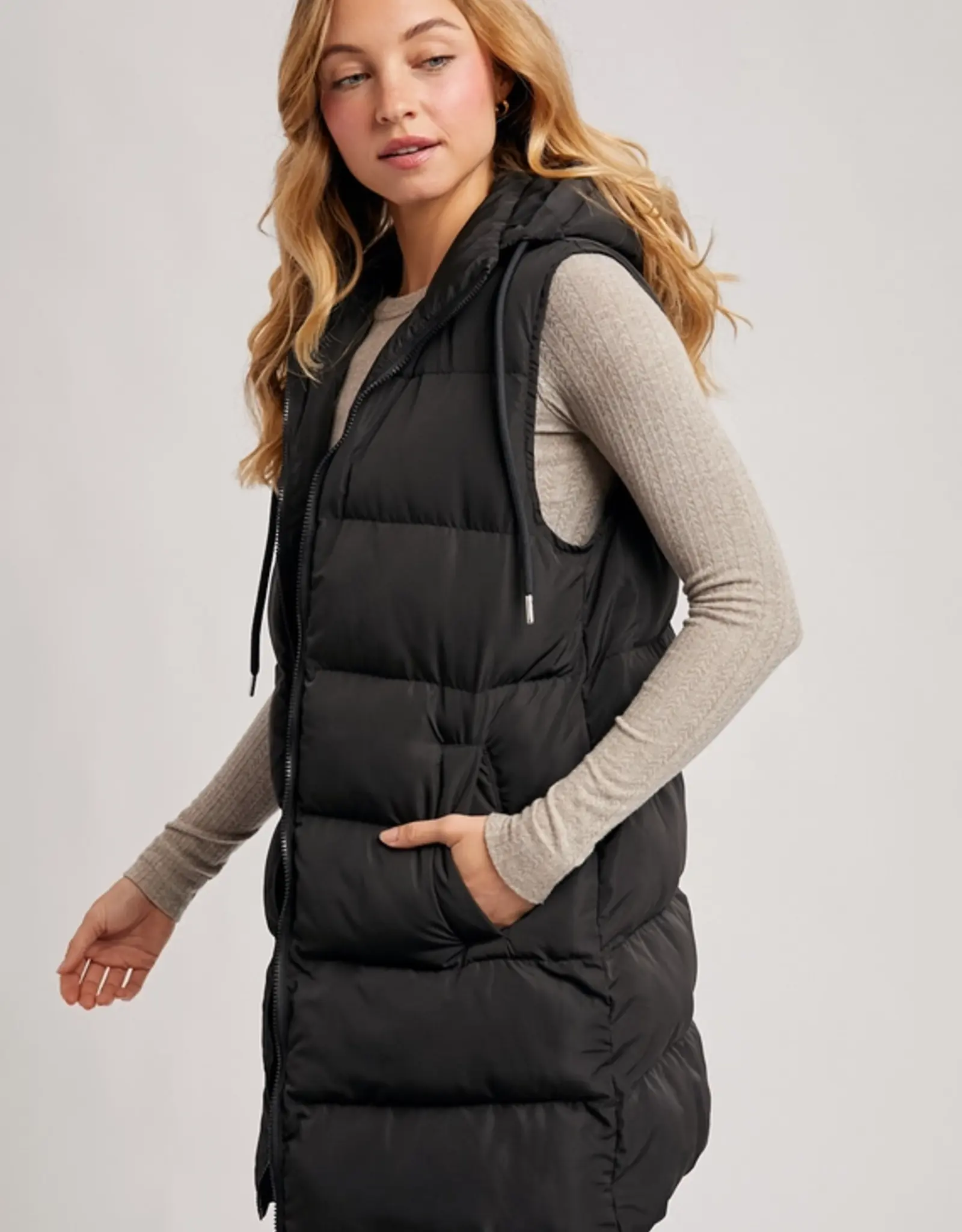 Hooded Zipper Down Longline Puffer Vest
