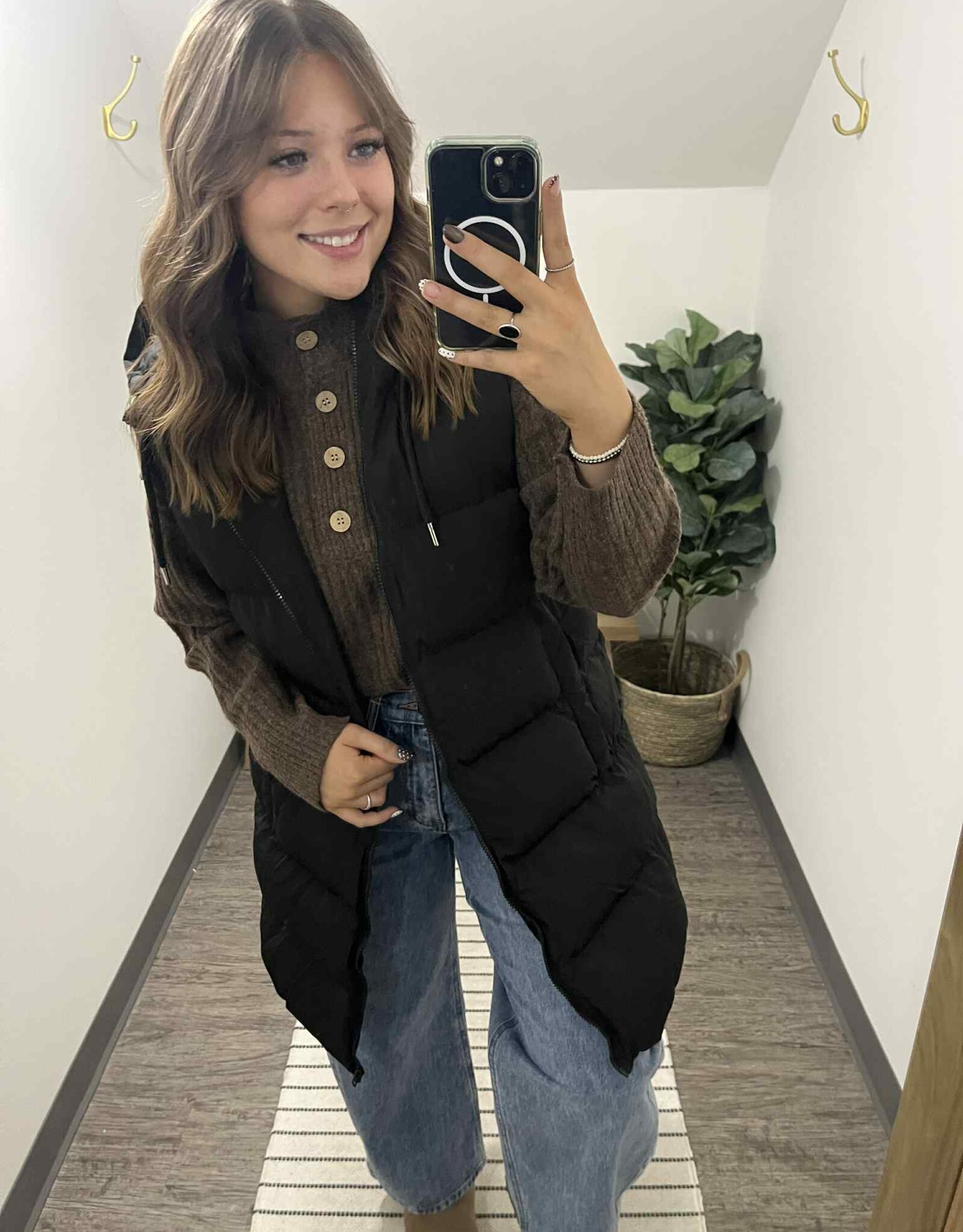 Hooded Zipper Down Longline Puffer Vest