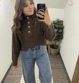 Henley Neck Button Knit Sweater, Mocha