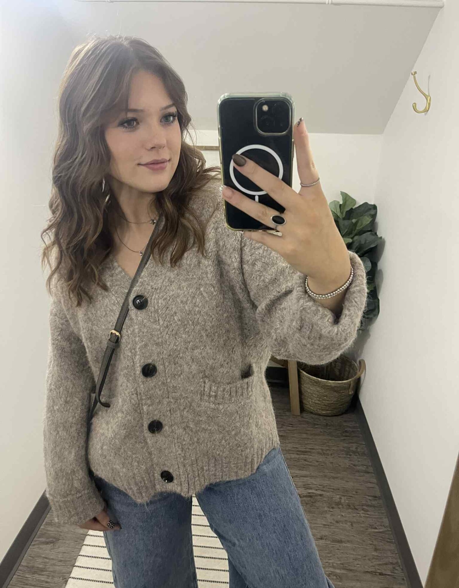 Button Down Fuzzy Knit Cardigan, Latte