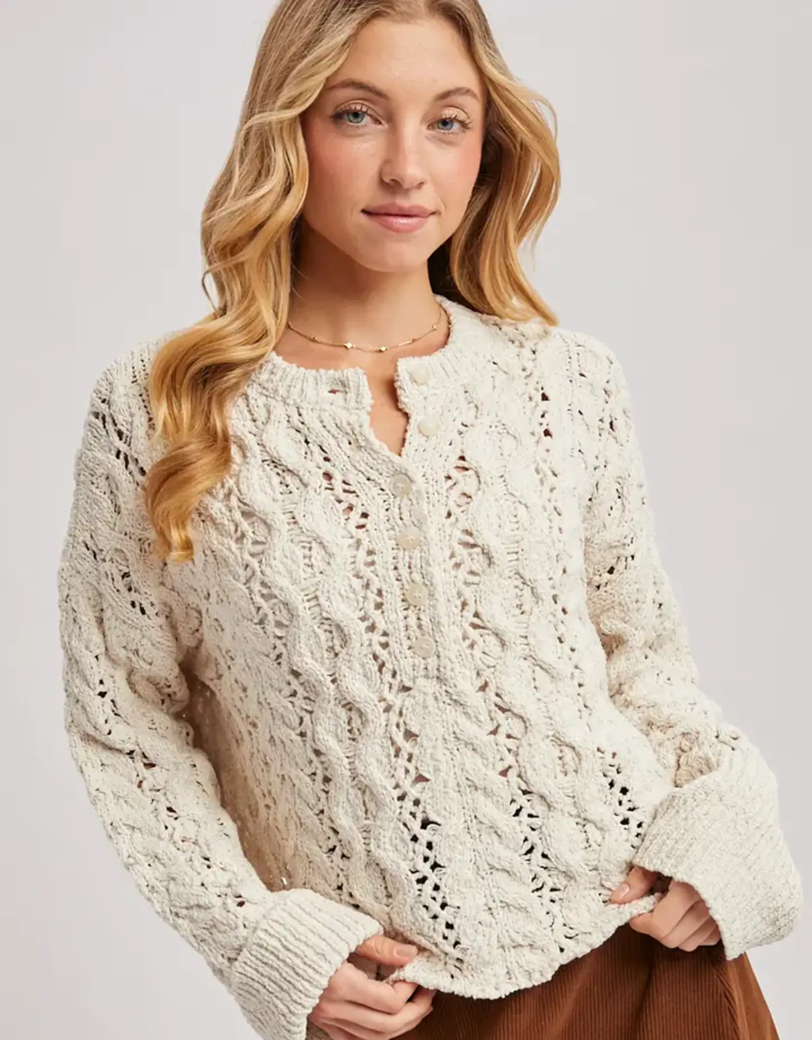 Half Button Down Knit Sweater, Ecru