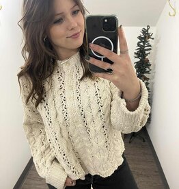 Half Button Down Knit Sweater, Ecru