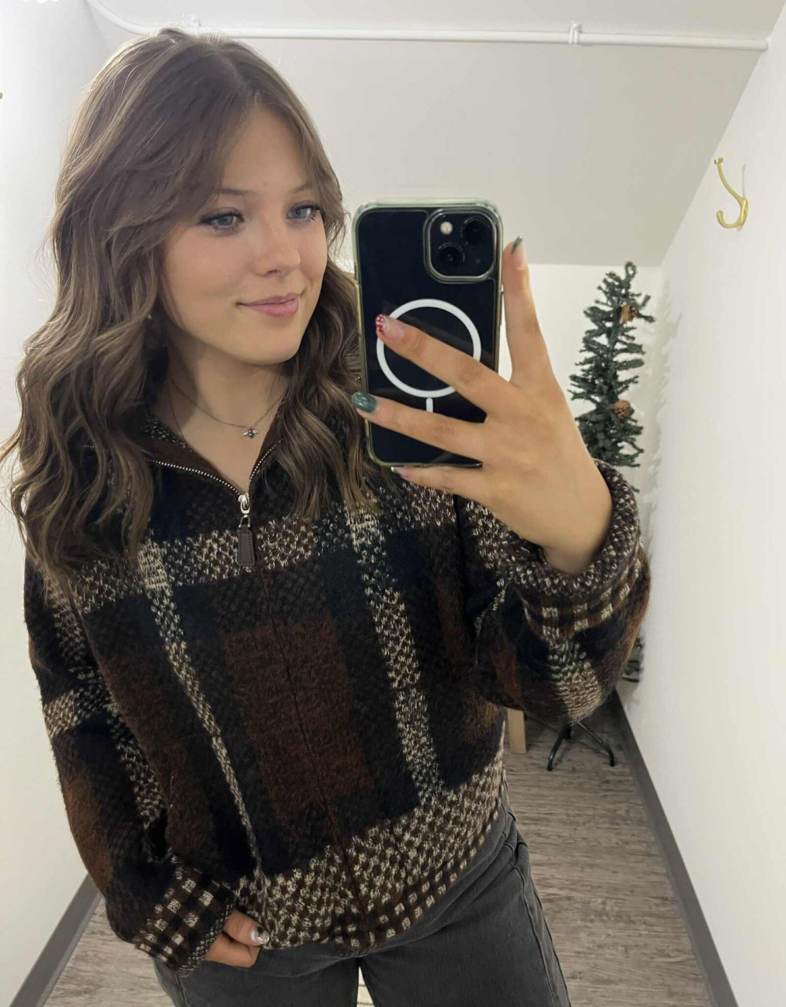 Plaid Zipper Front Knit Jacket