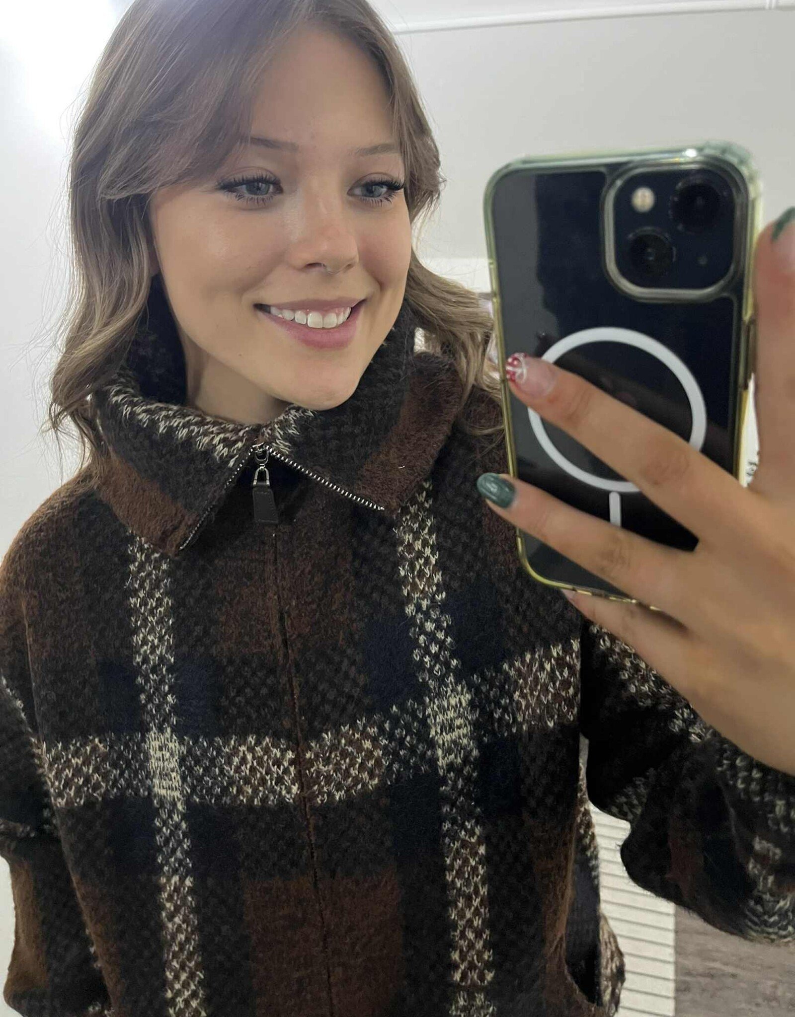 Plaid Zipper Front Knit Jacket