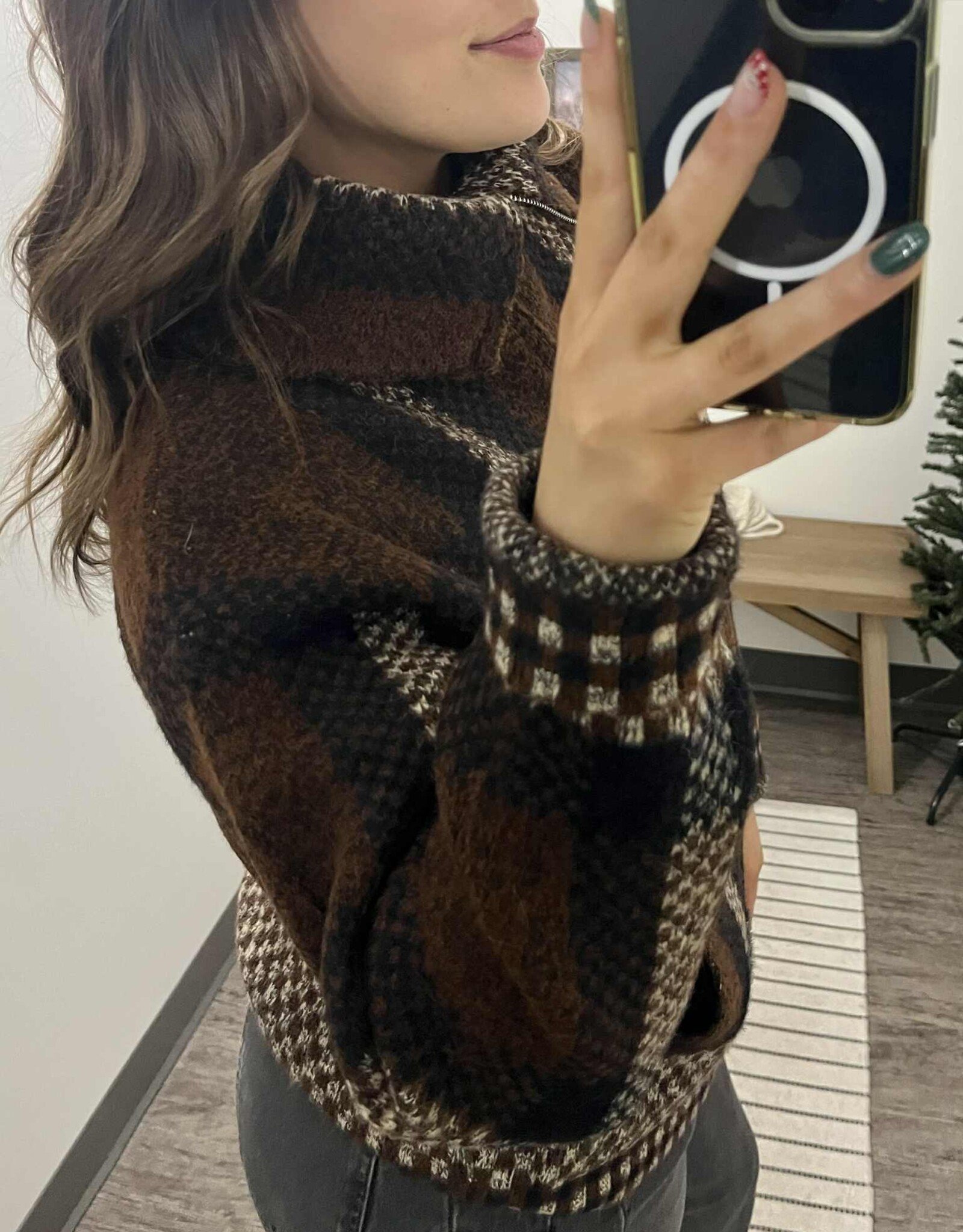 Plaid Zipper Front Knit Jacket