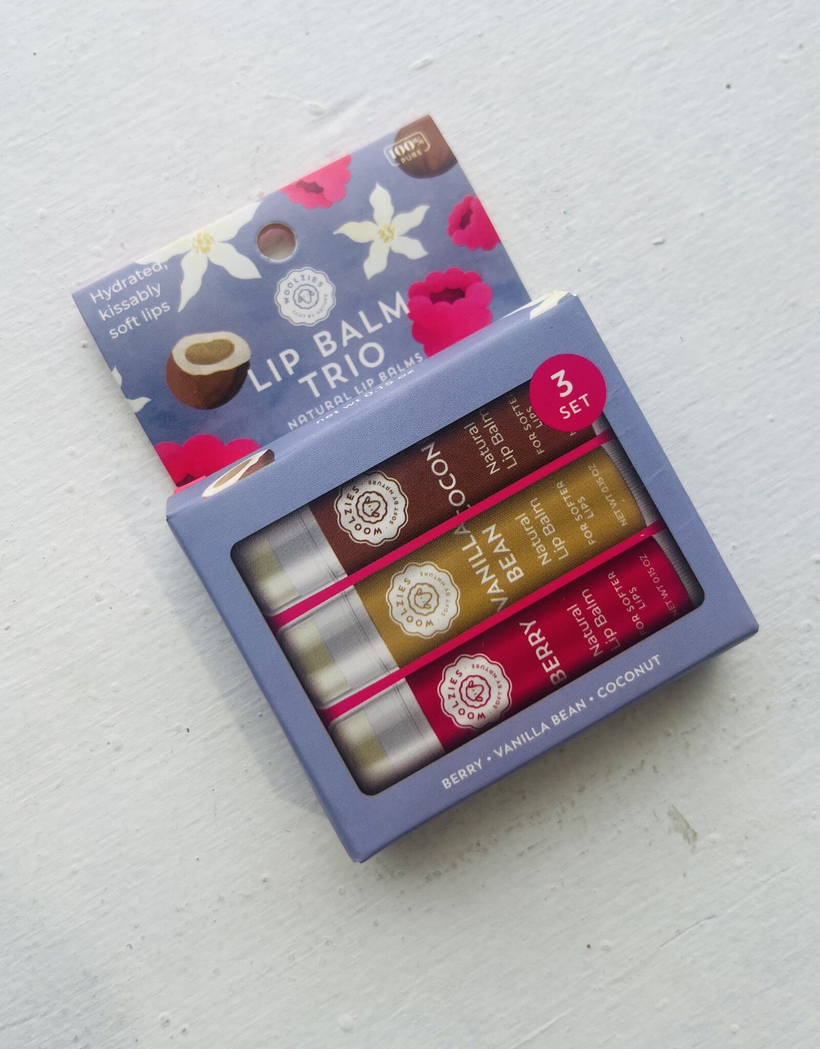 Woolzies Lip Balm Trio, Berry/Vanilla/Coconut