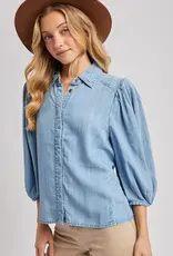 Denim Button Down Puff Sleeve Shirt