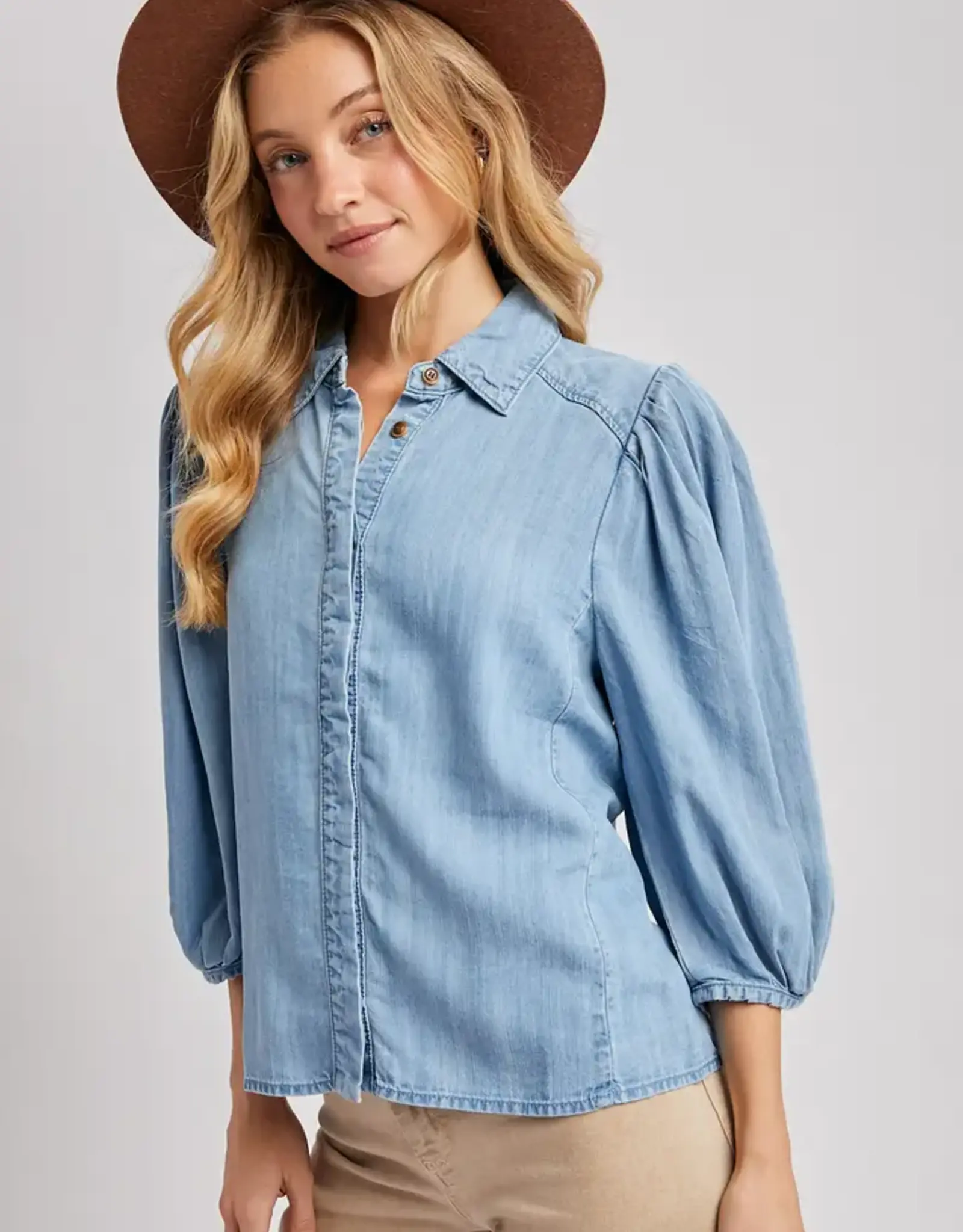 Denim Button Down Puff Sleeve Shirt