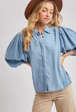 Denim Button Down Puff Sleeve Shirt