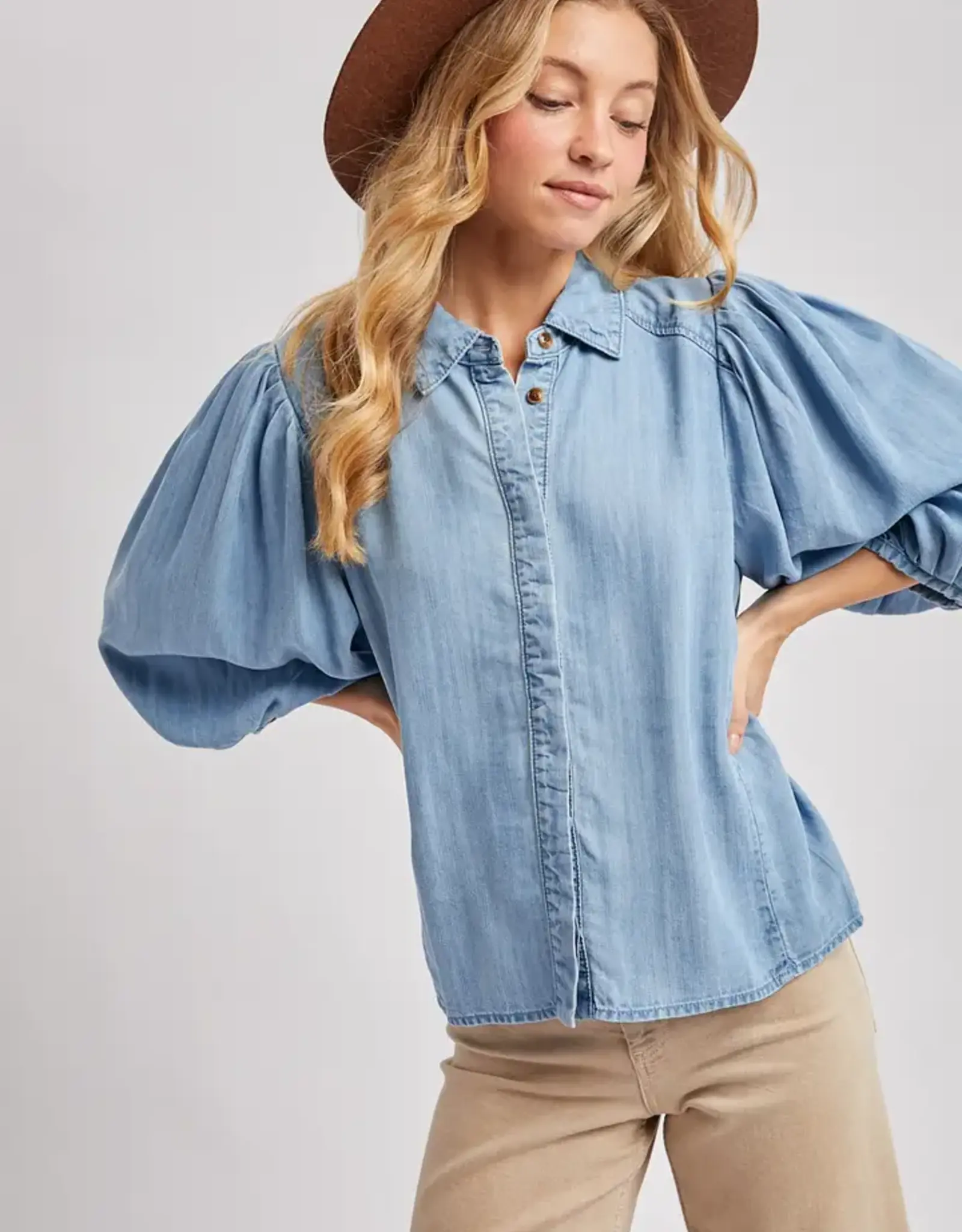 Denim Button Down Puff Sleeve Shirt