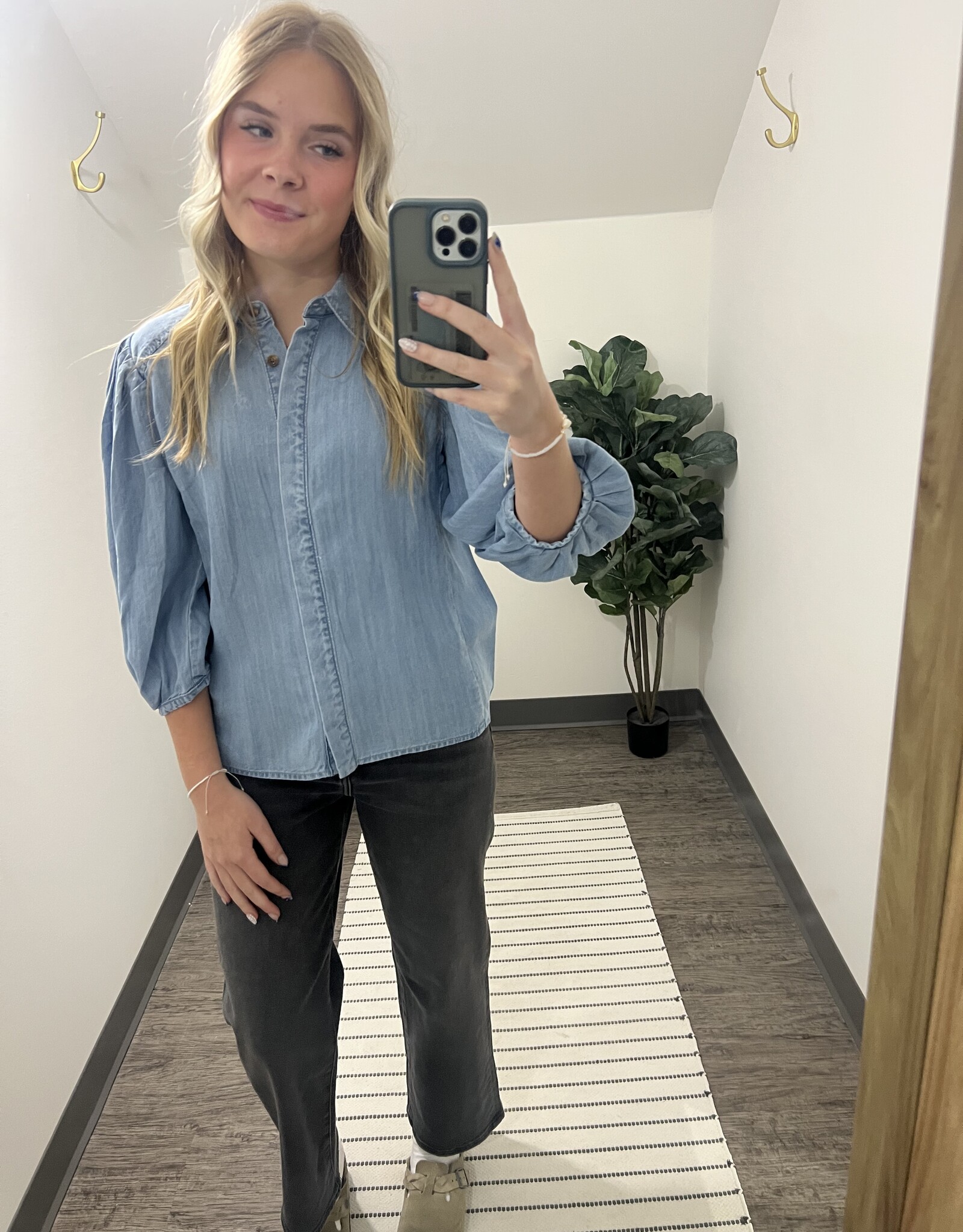 Denim Button Down Puff Sleeve Shirt