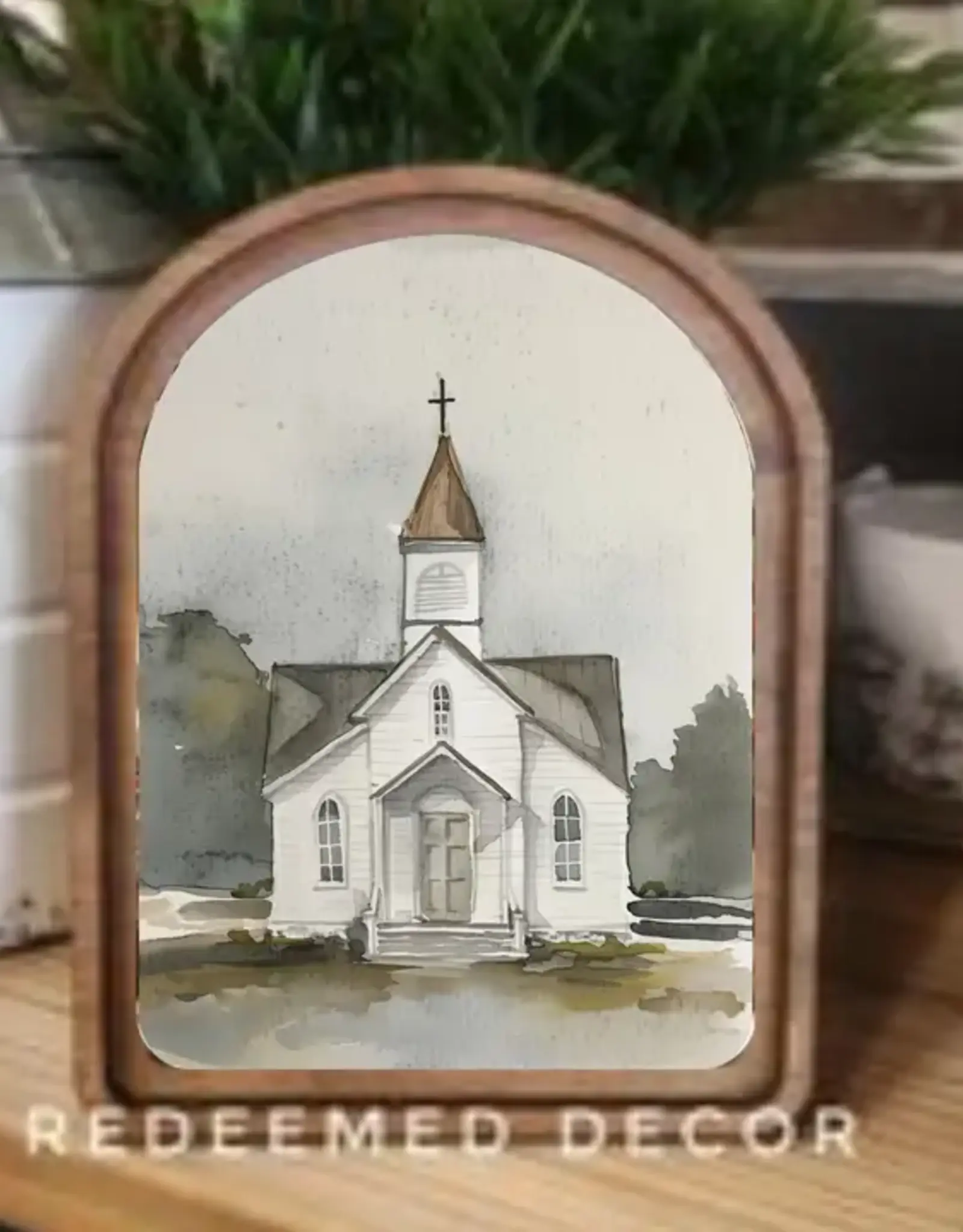 Redeemed Decor Arch Top Framed Art, Watercolor Church