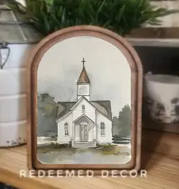 Redeemed Decor Arch Top Framed Art, Watercolor Church