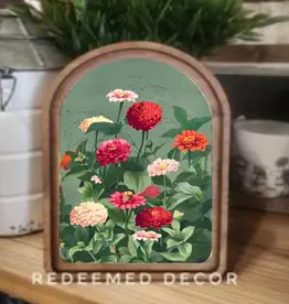 Redeemed Decor Arch Top Framed Art, Vintage Zinnias