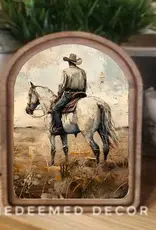 Redeemed Decor Arch Top Framed Art, White Horse Cowboy 8x11"