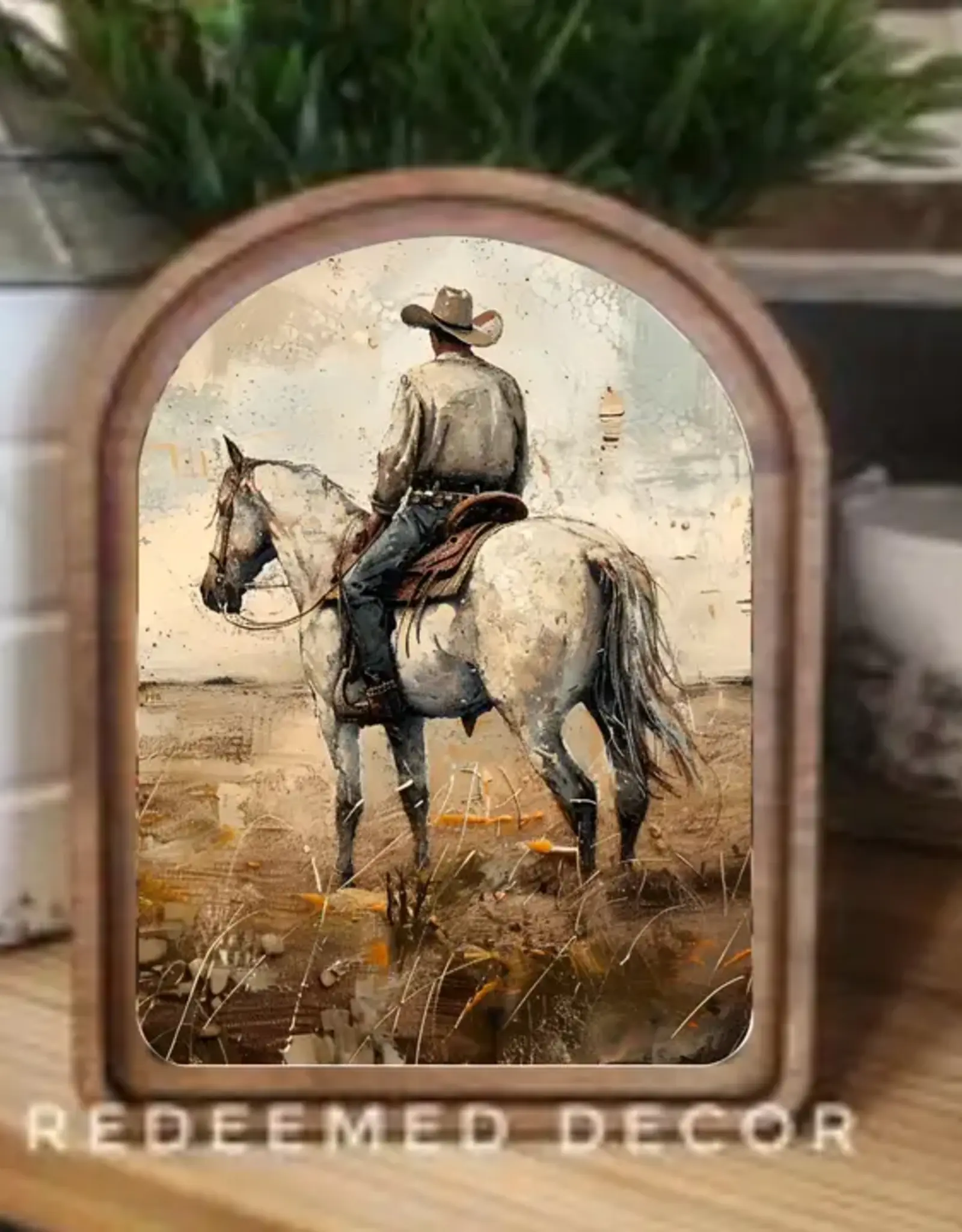 Redeemed Decor Arch Top Framed Art, White Horse Cowboy 8x11"