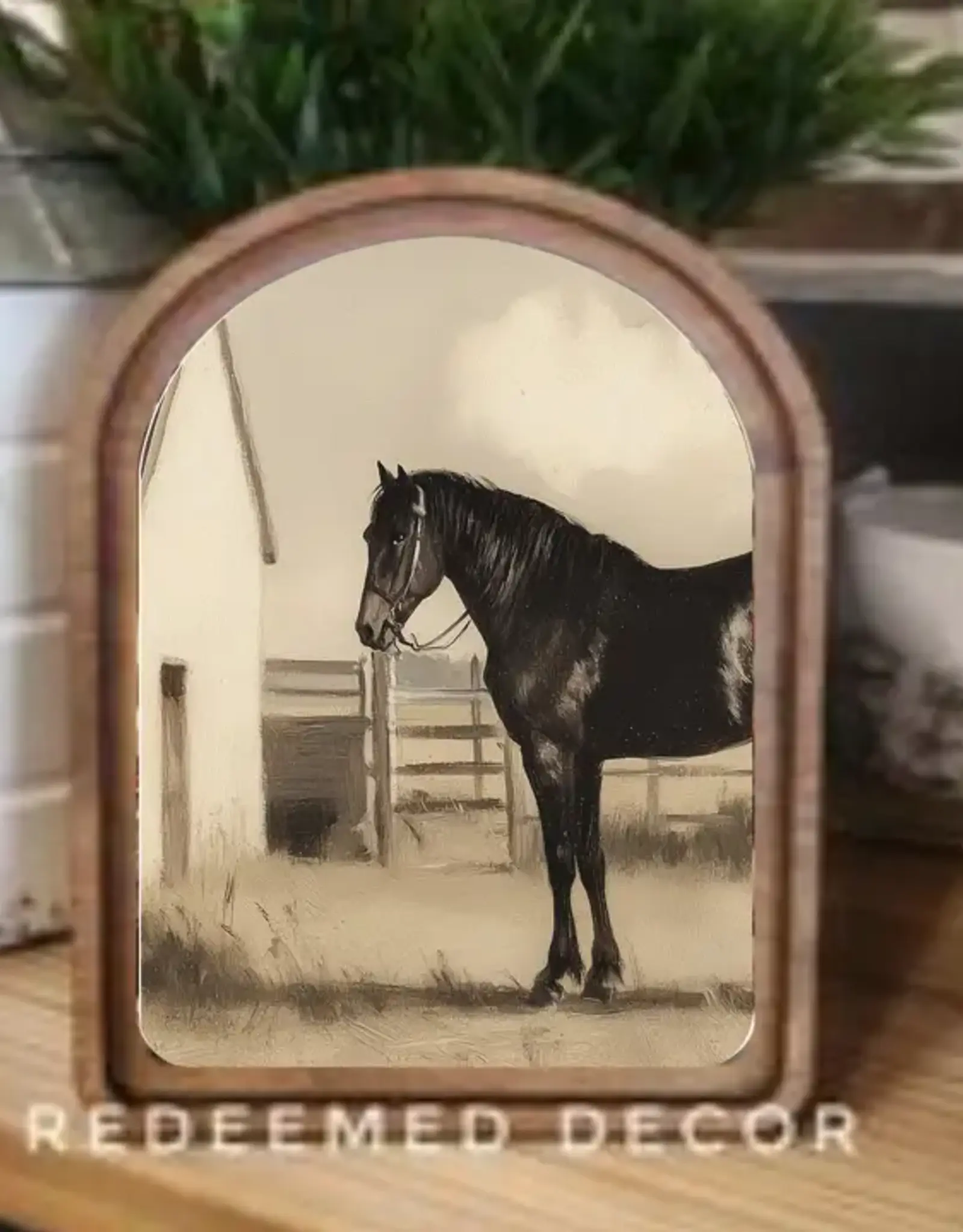 Redeemed Decor Arch Top Framed Art, Black Horse